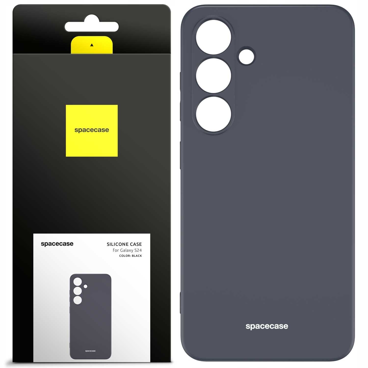 Czarne silikonowe etui z trzema dużymi otworami na aparaty i jednym mniejszym na lampę błyskową. Opakowanie zawiera logo \'spacecase\' na żółtym tle oraz napis \'SILICONE CASE for Galaxy S24 COLOR: BLACK\'.