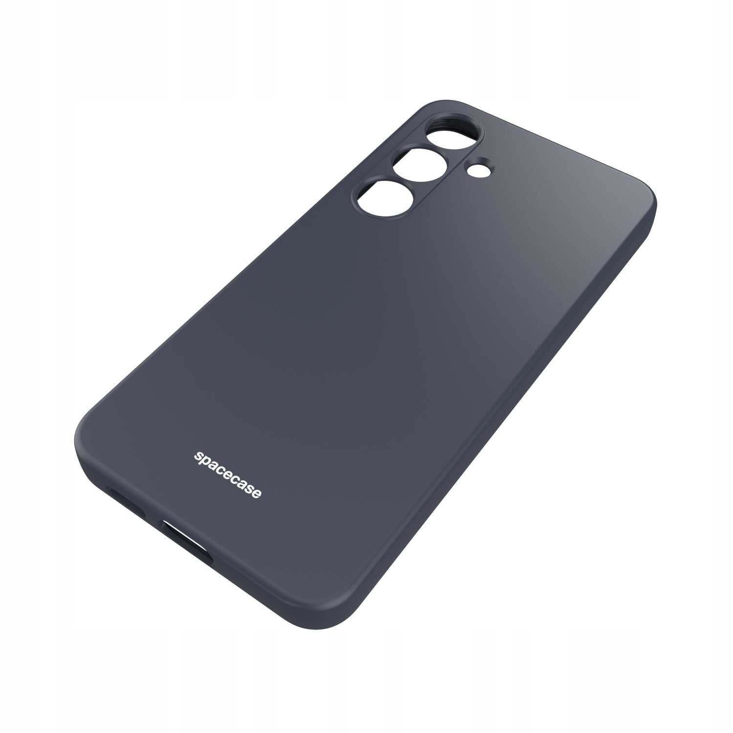 Czarne silikonowe etui z trzema otworami na aparaty i napisem \'spacecase\' na dole. Etui ma gładką powierzchnię i jest przeznaczone do telefonu.