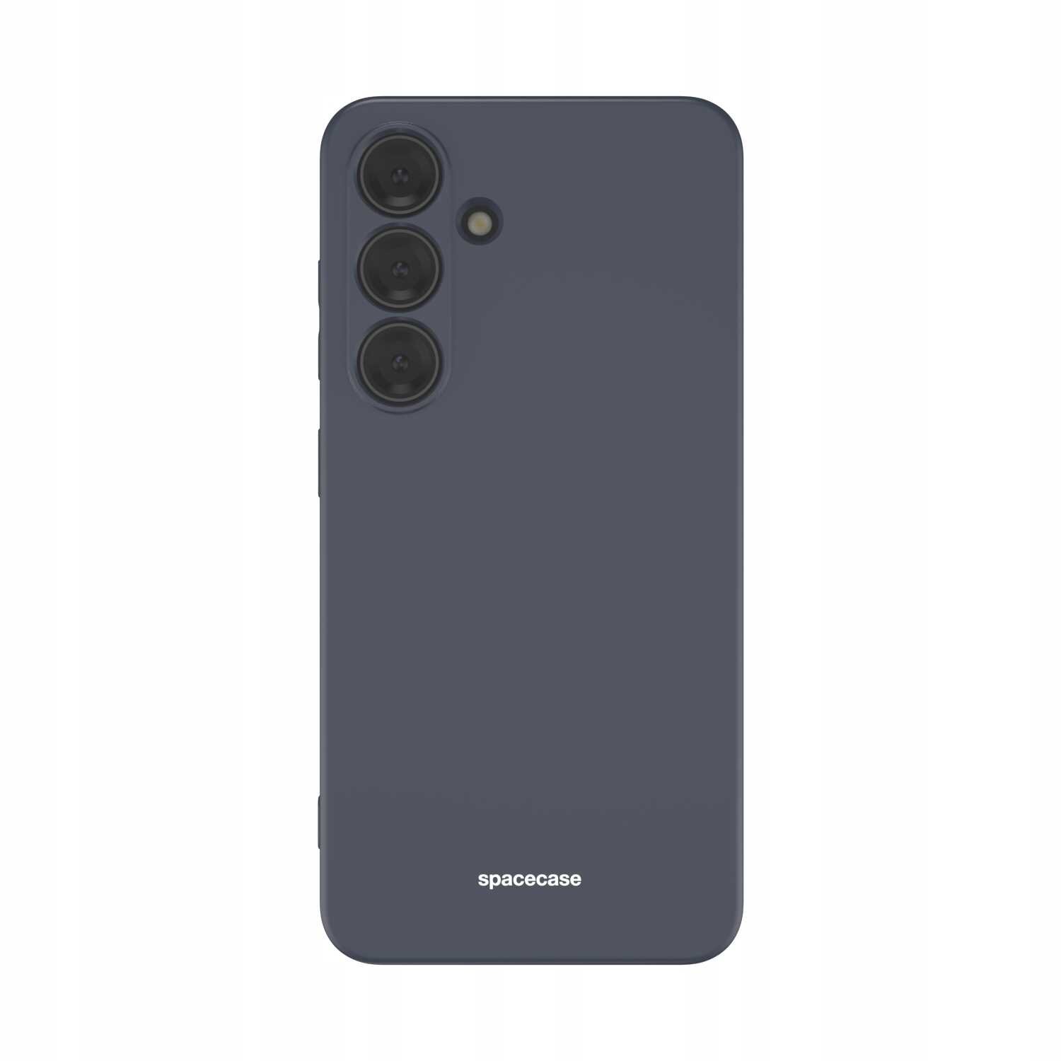 Czarne silikonowe etui na telefon z trzema okrągłymi wycięciami na aparaty i napisem \'spacecase\' na dole.