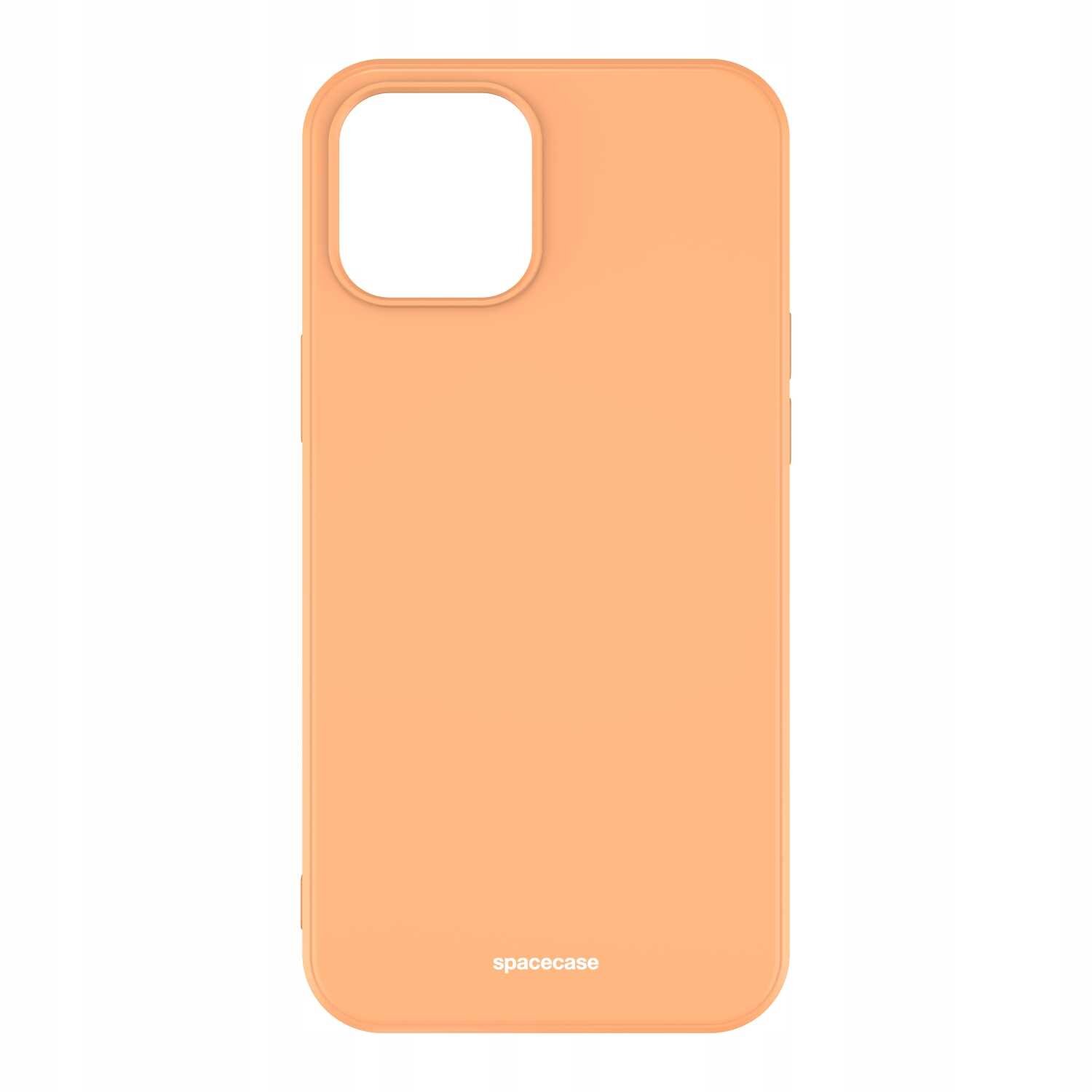 Pomarańczowe silikonowe etui na telefon z wycięciem na aparat. Na dole widoczny jest napis \'spacecase\'.