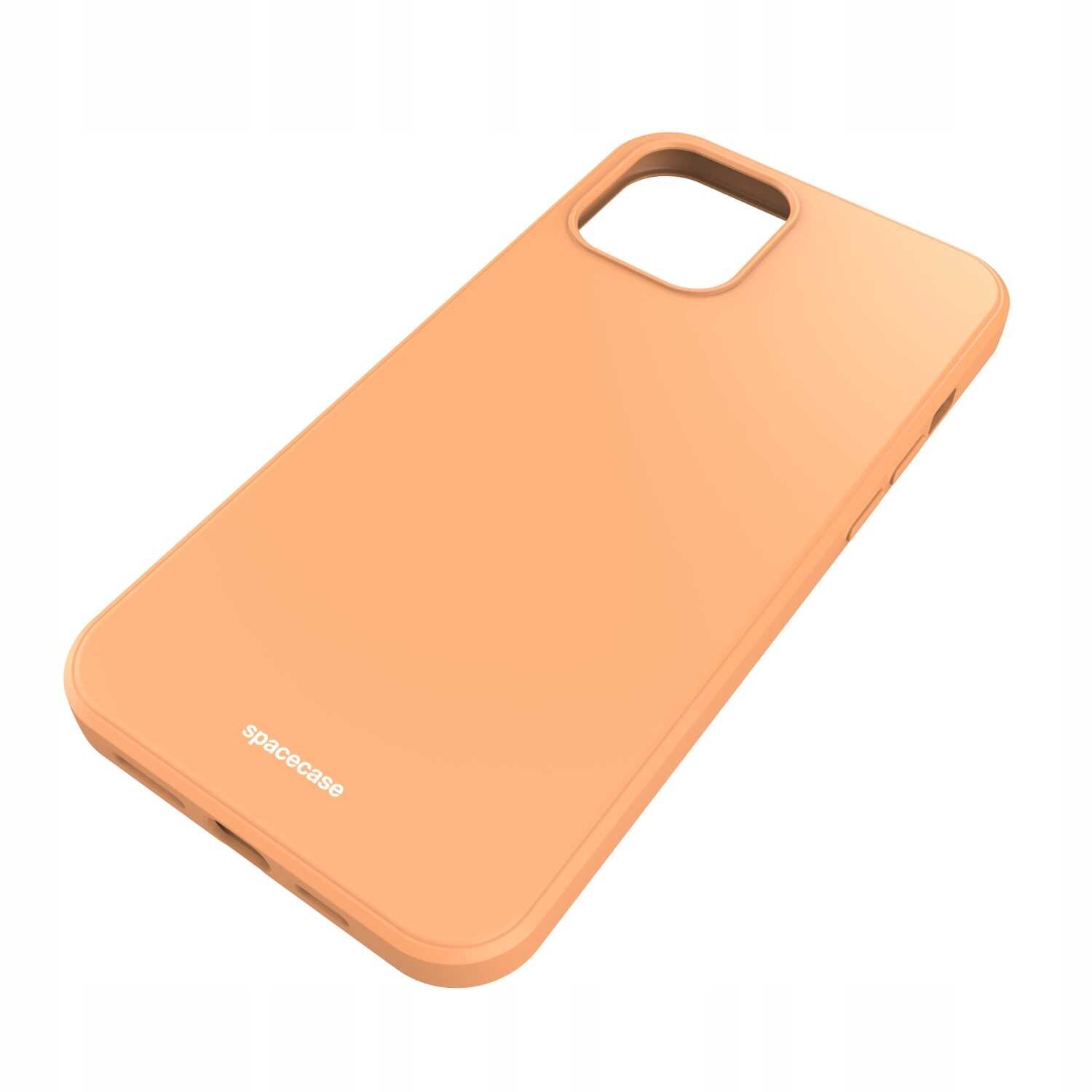 Pomarańczowe silikonowe etui na telefon z wycięciem na aparat. Na dole widoczny jest napis \'spacecase\'.