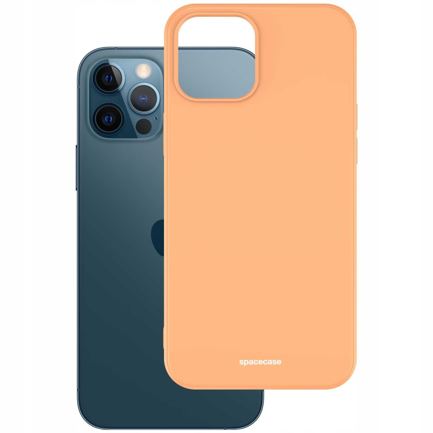 Na obrazie widoczne jest pomarańczowe silikonowe etui z wycięciem na aparat, z napisem \'spacecase\' na dole. W tle znajduje się telefon z trzema obiektywami aparatu.