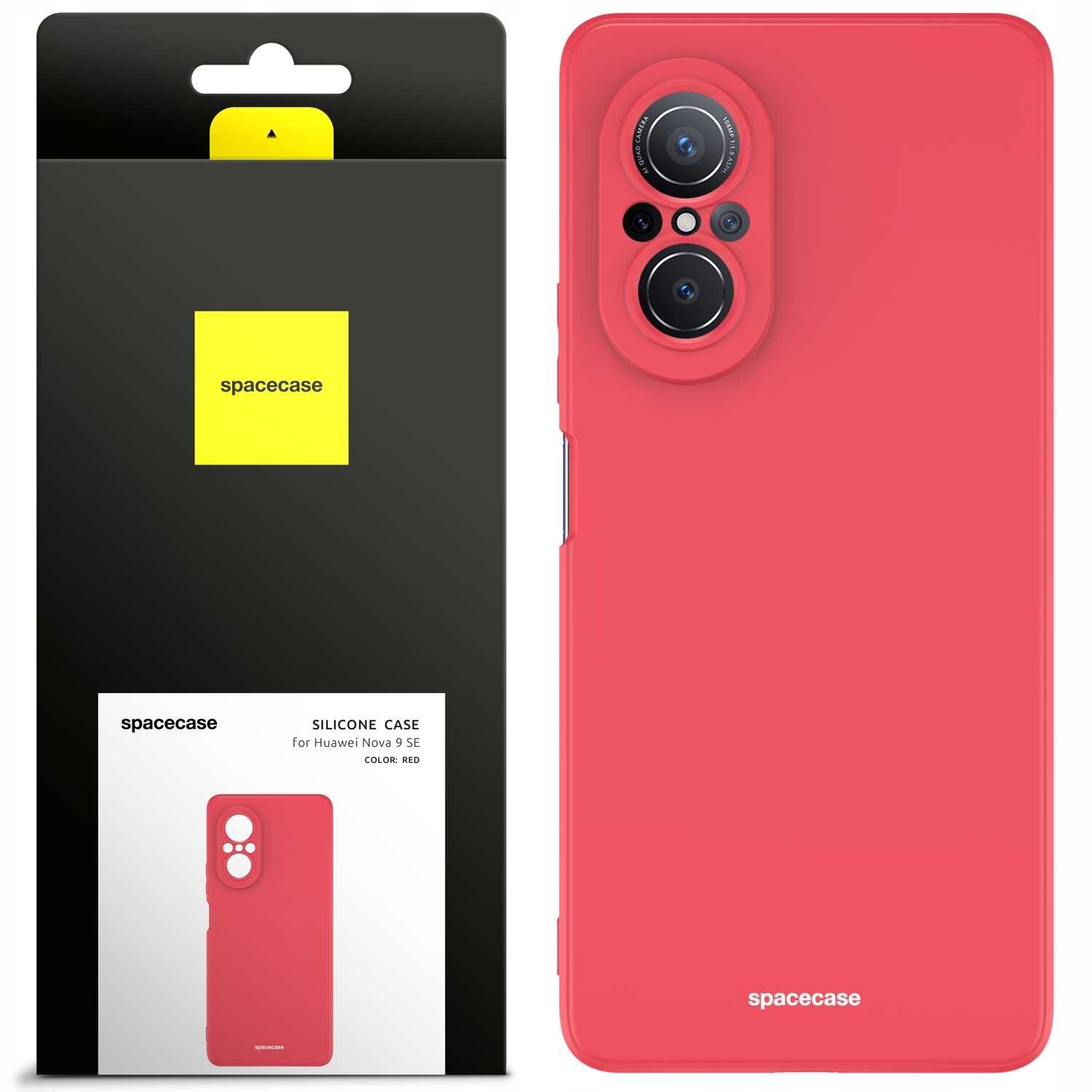 Obraz przedstawia czerwone silikonowe etui na telefon z widocznymi wycięciami na aparat. Opakowanie produktu zawiera logo \'spacecase\' oraz napis \'SILICONE CASE for Huawei Nova 9 SE COLOR: RED\'.
