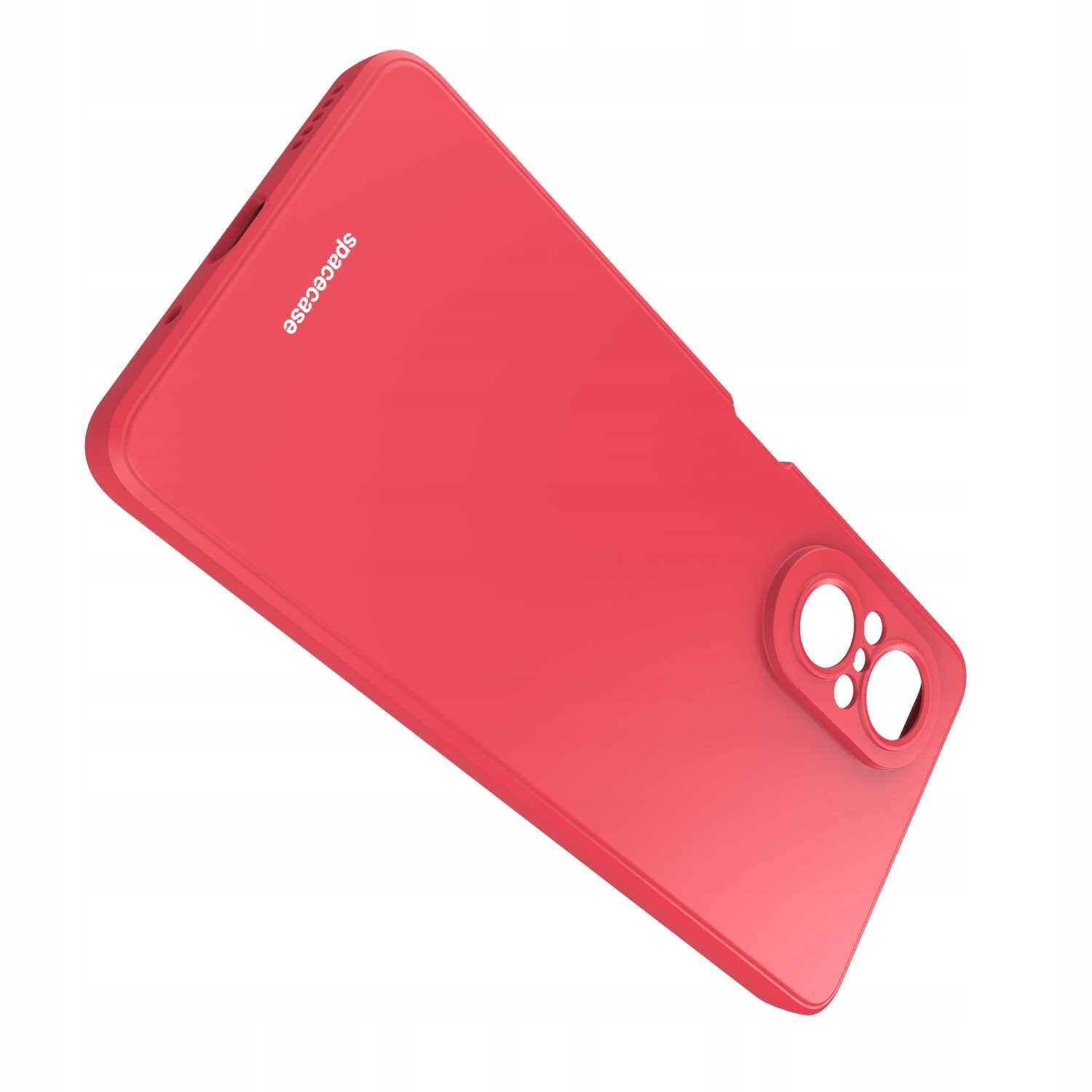Czerwone silikonowe etui z wycięciami na aparat i logo \'spacecase\'.