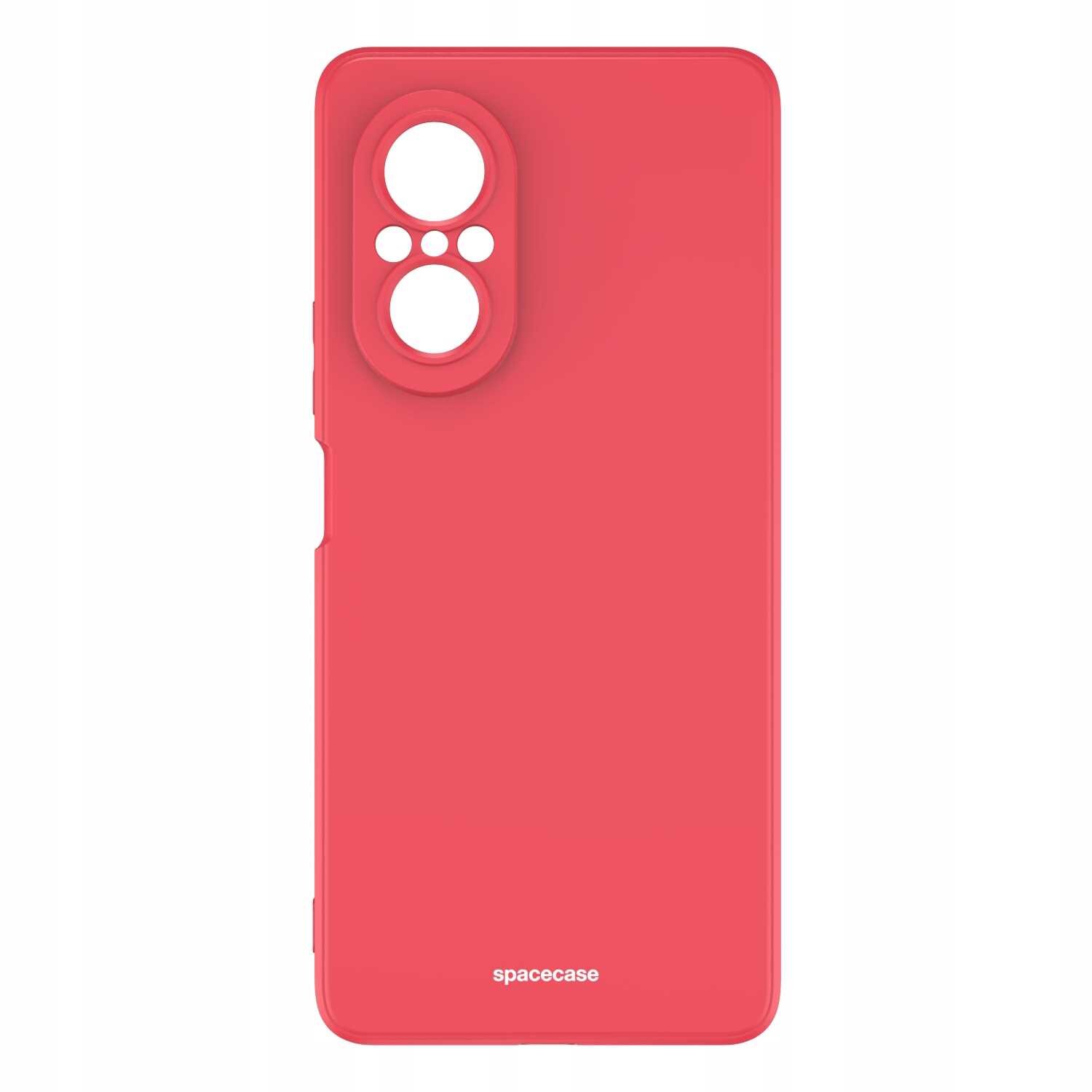 Czerwone silikonowe etui z wycięciami na aparat i logo \'spacecase\' na dole.
