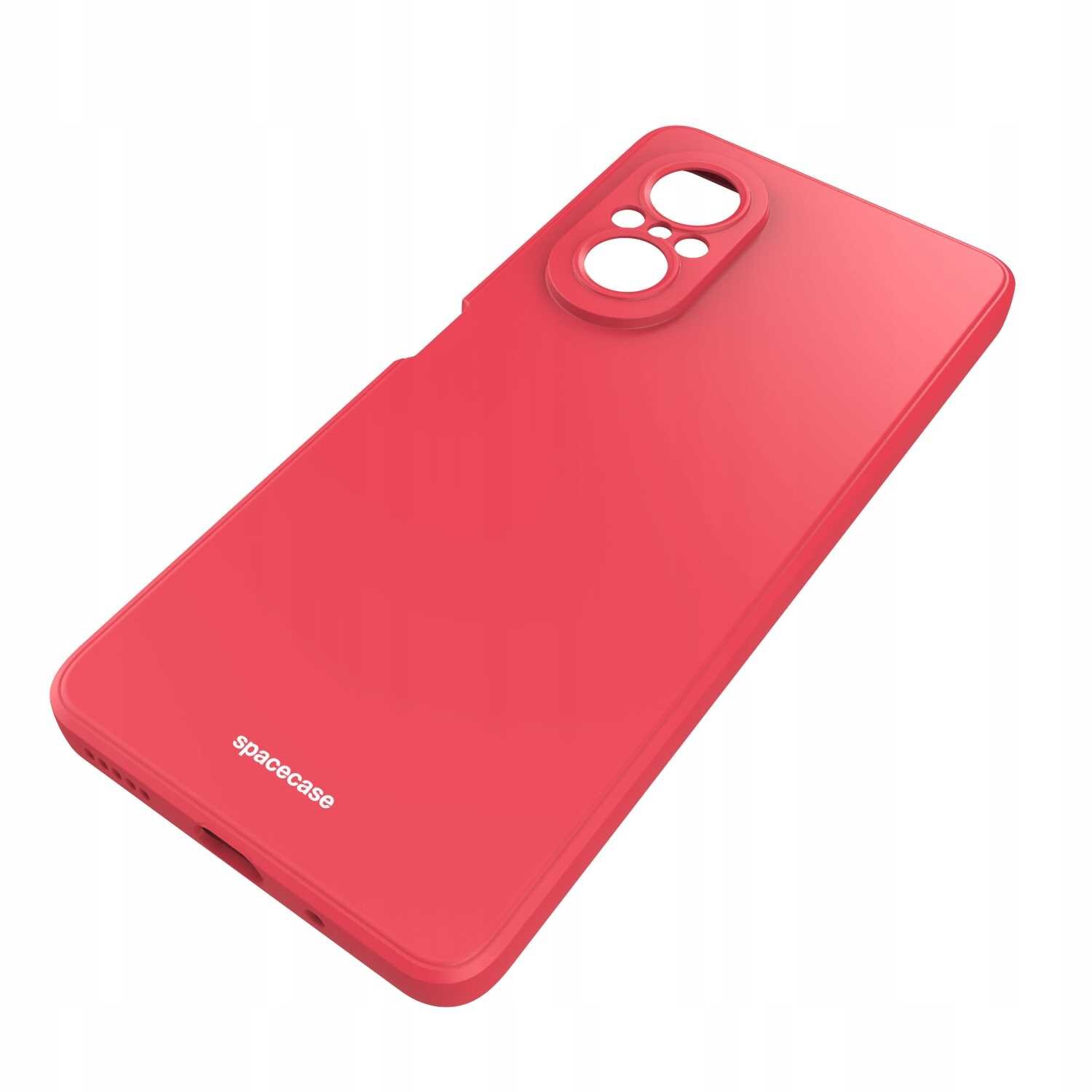 Czerwone silikonowe etui z wycięciami na aparat i logo \'spacecase\' na dole. Etui jest przeznaczone do telefonu Huawei Nova 9 SE.