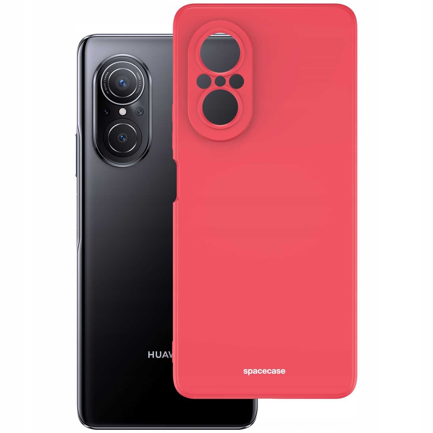 Czerwone silikonowe etui z wycięciami na aparat, obok czarny telefon z widocznym logo Huawei. Na etui widoczny jest napis \'spacecase\'.