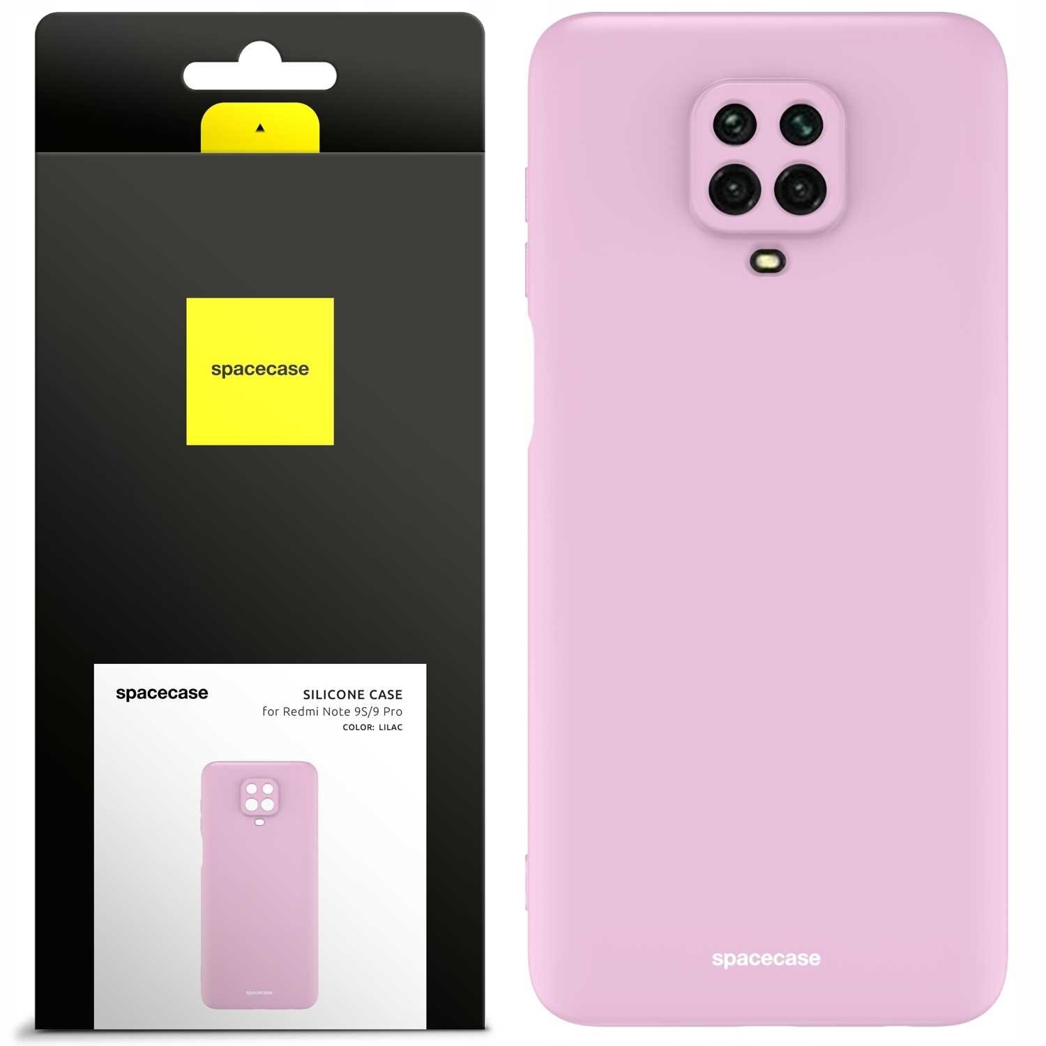 Różowe silikonowe etui na telefon z wycięciem na aparat, obok opakowanie z logo \'spacecase\'.