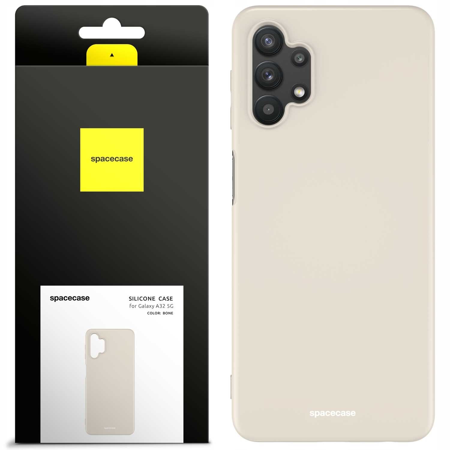 Obraz przedstawia beżowe silikonowe etui na telefon z wycięciem na aparat. Obok znajduje się opakowanie z logo \'spacecase\' i napisem \'SILICONE CASE for Galaxy A32 5G COLOR: BONE\'.
