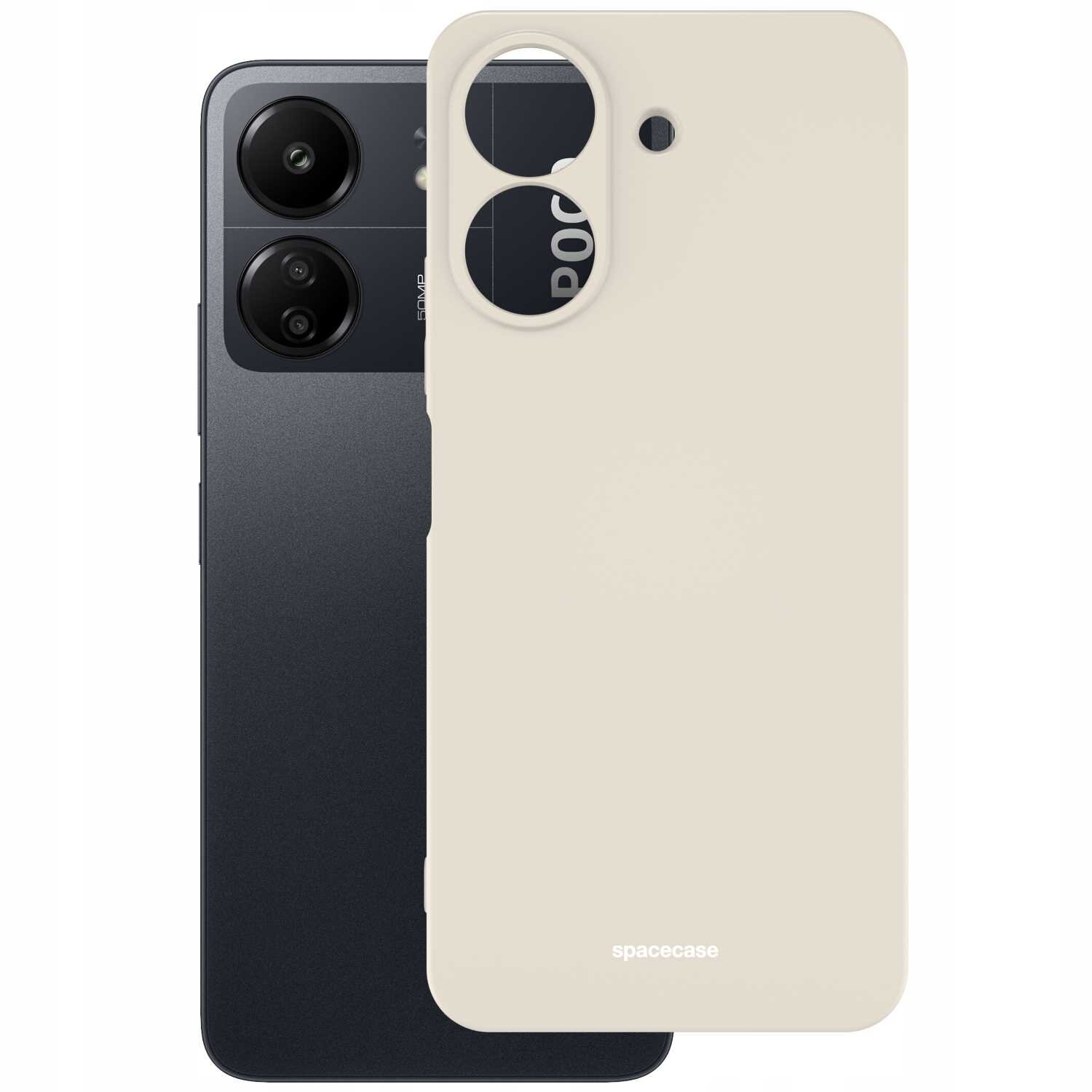 Na obrazie widoczne jest beżowe silikonowe etui z wycięciami na aparat i logo \'spacecase\'. W tle znajduje się ciemny telefon z dwoma obiektywami aparatu.