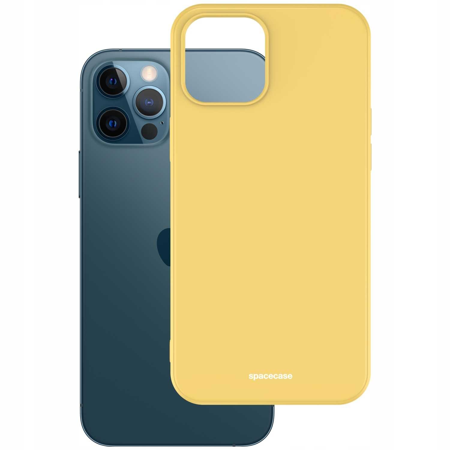 Na obrazie widoczne jest żółte silikonowe etui z wycięciem na aparat, z napisem \'spacecase\' na dole. W tle znajduje się telefon z trzema obiektywami aparatu.