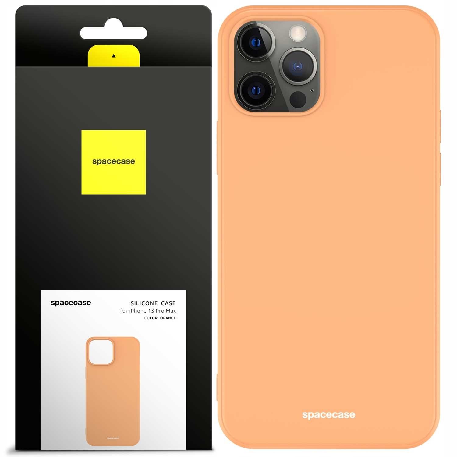 Pomarańczowe silikonowe etui na telefon z trzema wycięciami na aparaty. Opakowanie z logo \'spacecase\' i napisem \'SILICONE CASE for iPhone 13 Pro Max COLOR: ORANGE\'.