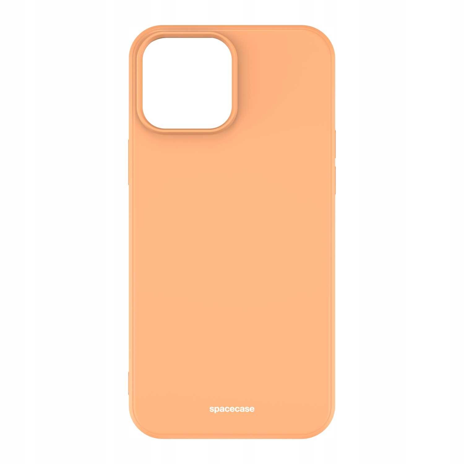Pomarańczowe silikonowe etui na telefon z wycięciem na aparat. Na dole widoczny jest napis \'spacecase\'.