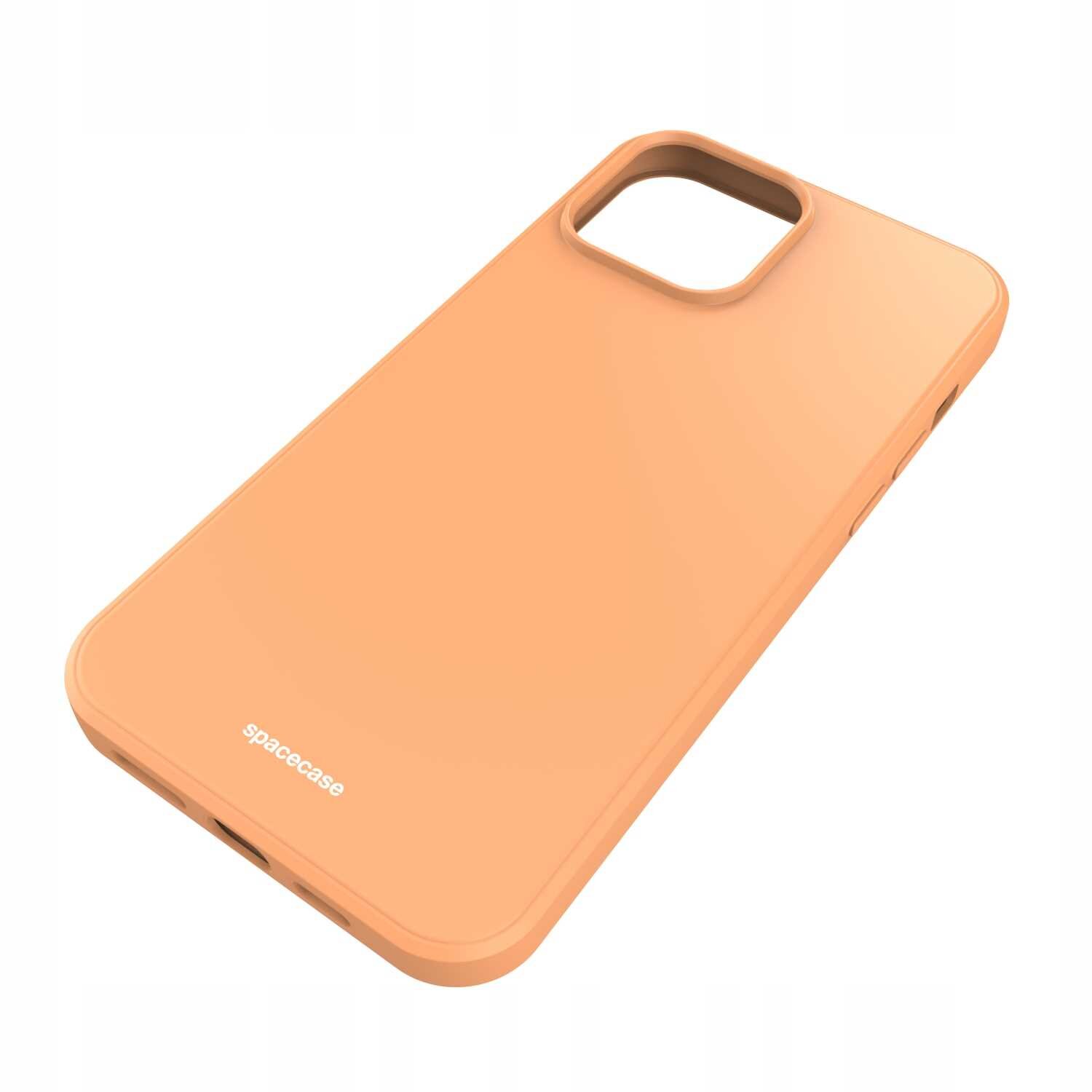 Pomarańczowe silikonowe etui na telefon z wycięciem na aparat. Na dole widoczny jest napis \'spacecase\'.