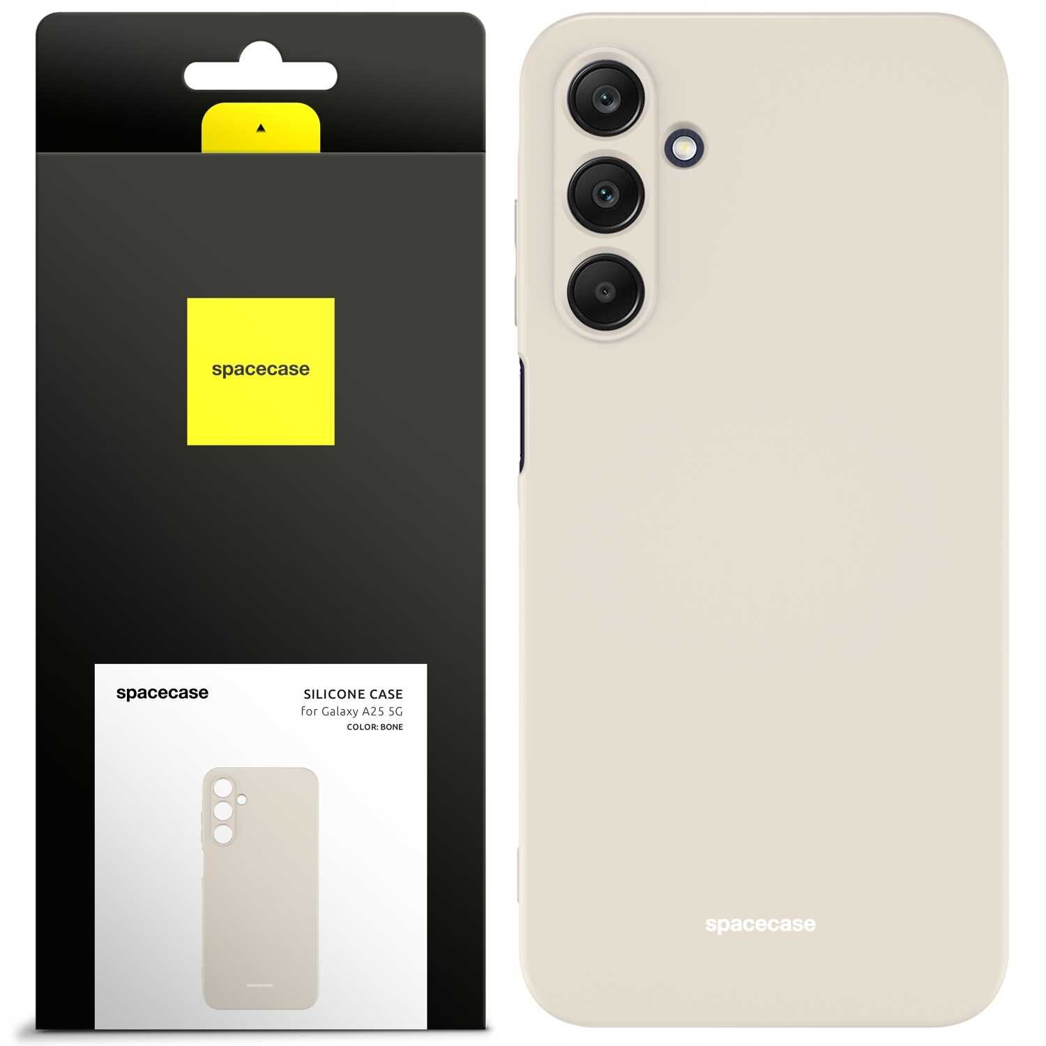 Obraz przedstawia beżowe silikonowe etui na telefon z trzema otworami na aparaty. Obok znajduje się opakowanie z logo \'spacecase\' i napisem \'SILICONE CASE for Galaxy A25 5G COLOR: BONE\'.