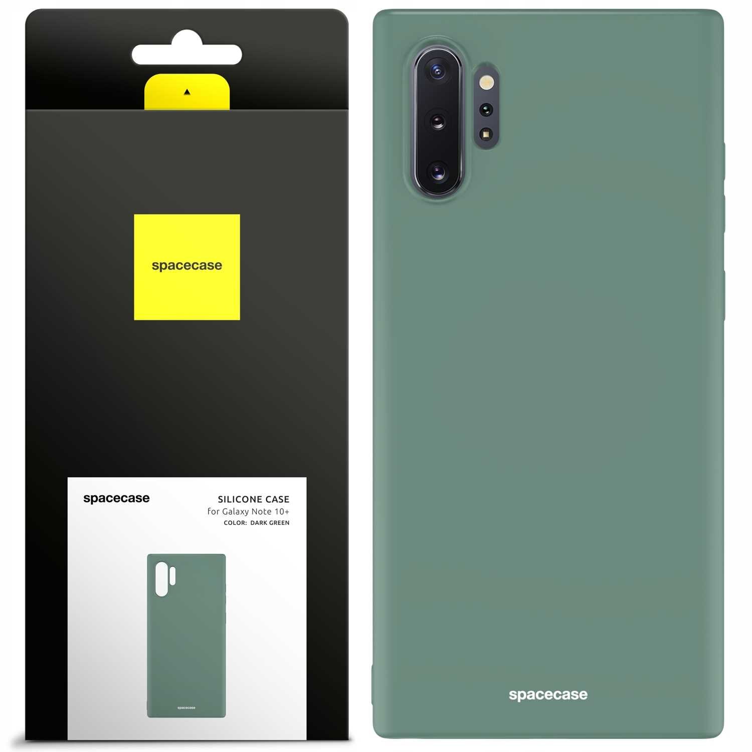 Obraz przedstawia zielone silikonowe etui na telefon z wycięciem na aparat. Opakowanie produktu zawiera logo \'spacecase\' oraz napis \'SILICONE CASE for Galaxy Note 10+ COLOR: DARK GREEN\'.