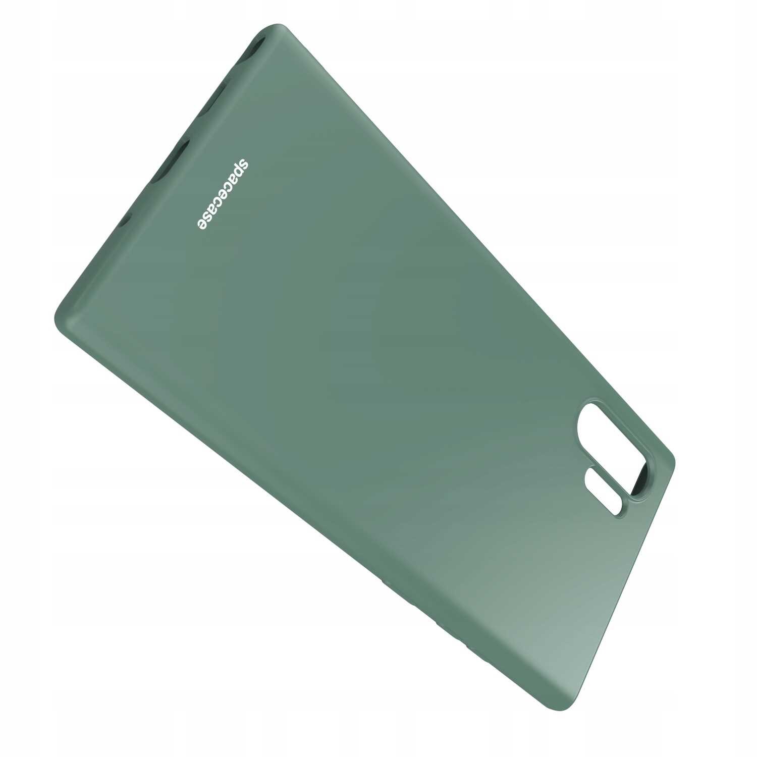Zielone silikonowe etui z wycięciami na aparat i przyciski, z widocznym napisem \'spacecase\'.