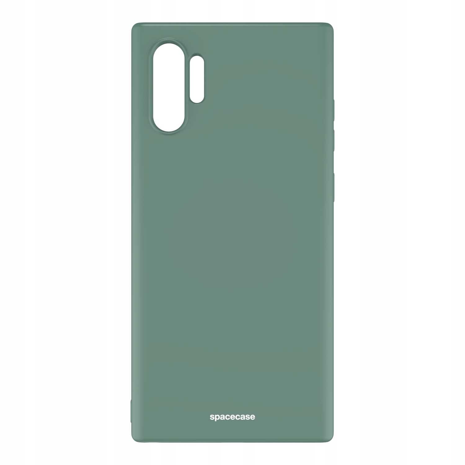 Zielone silikonowe etui z wycięciami na aparat i przyciski, z napisem \'spacecase\' na dole.