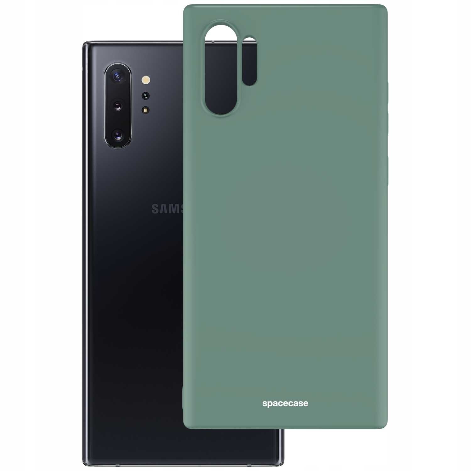 Zielone silikonowe etui z wycięciami na aparat i przyciski, z napisem \'spacecase\'. Obok widoczny jest czarny telefon z logo \'SAMSUNG\'.
