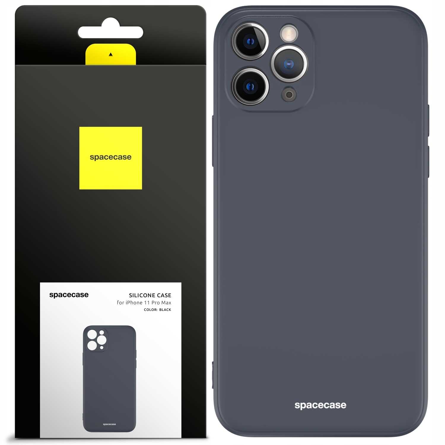 Obraz przedstawia czarne silikonowe etui na telefon z trzema wycięciami na aparaty. Obok znajduje się opakowanie z logo \'spacecase\' i napisem \'SILICONE CASE for iPhone 11 Pro COLOR: BLACK\'.