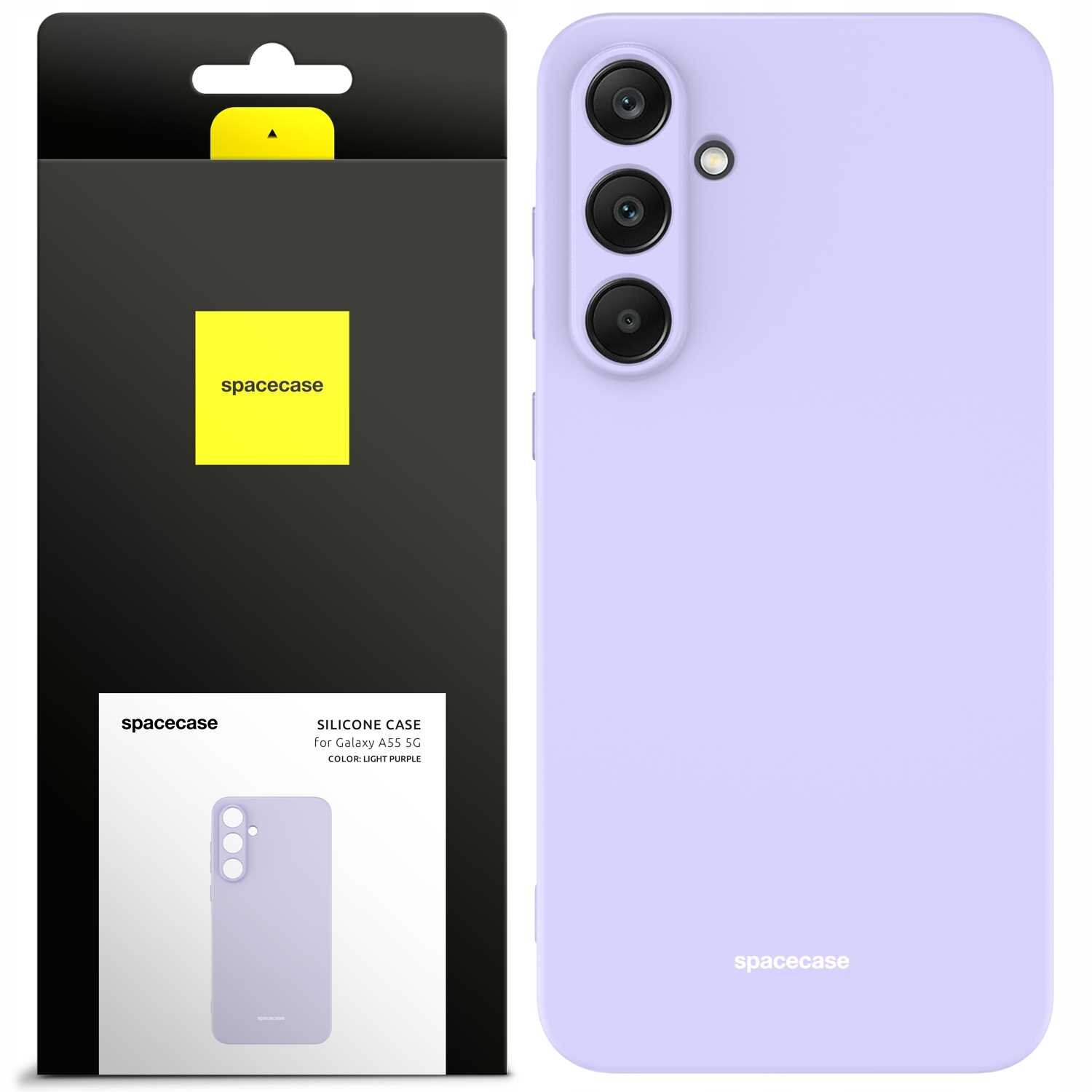 Obraz przedstawia fioletowe silikonowe etui na telefon z trzema otworami na aparaty. Obok znajduje się opakowanie z logo \'spacecase\' i napisem \'SILICONE CASE for Galaxy A55 5G COLOR: LIGHT PURPLE\'.