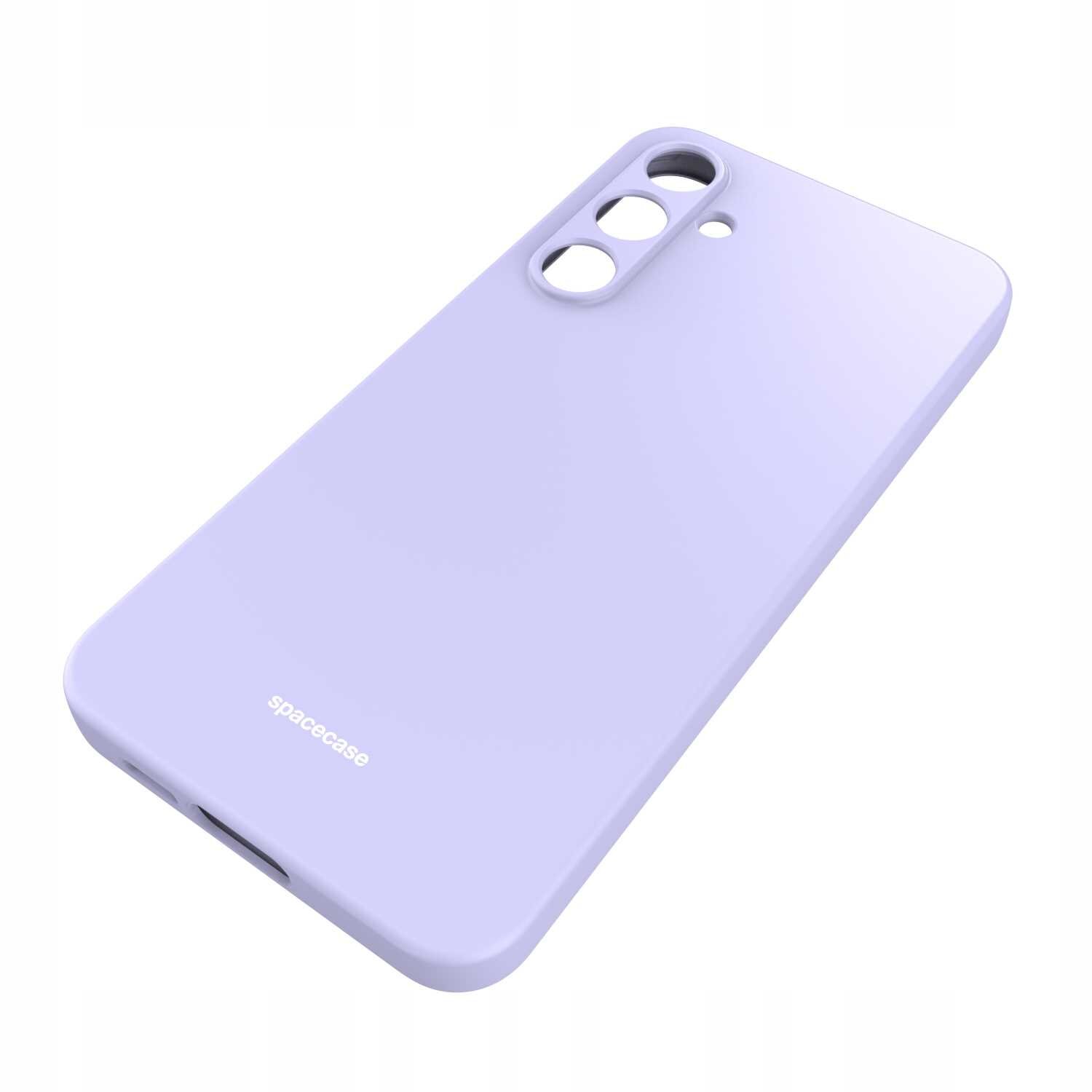 Fioletowe silikonowe etui z wycięciami na aparat i logo \'spacecase\' na dole. Etui jest przeznaczone do telefonu Galaxy A55 5G.