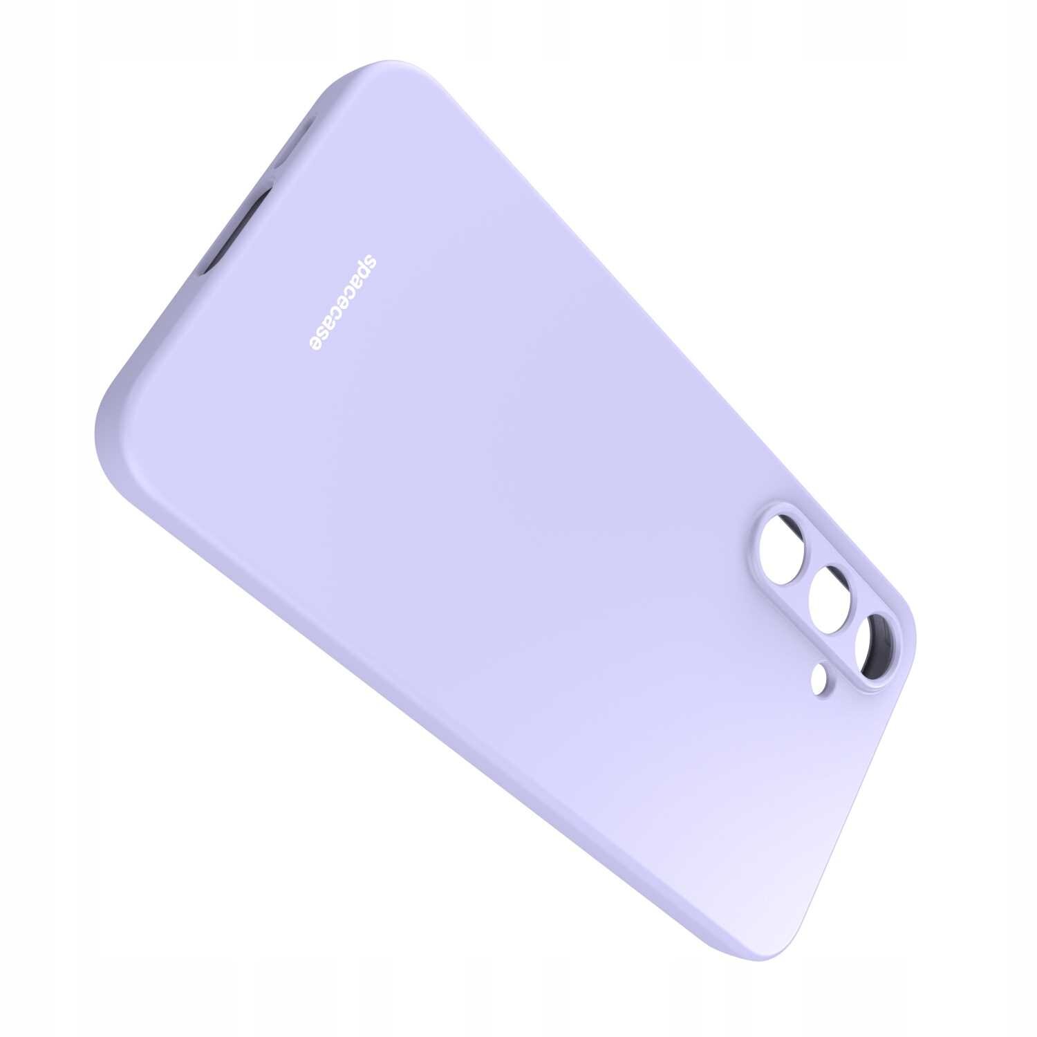 Fioletowe silikonowe etui z trzema otworami na aparat i napisem \'spacecase\' na powierzchni.