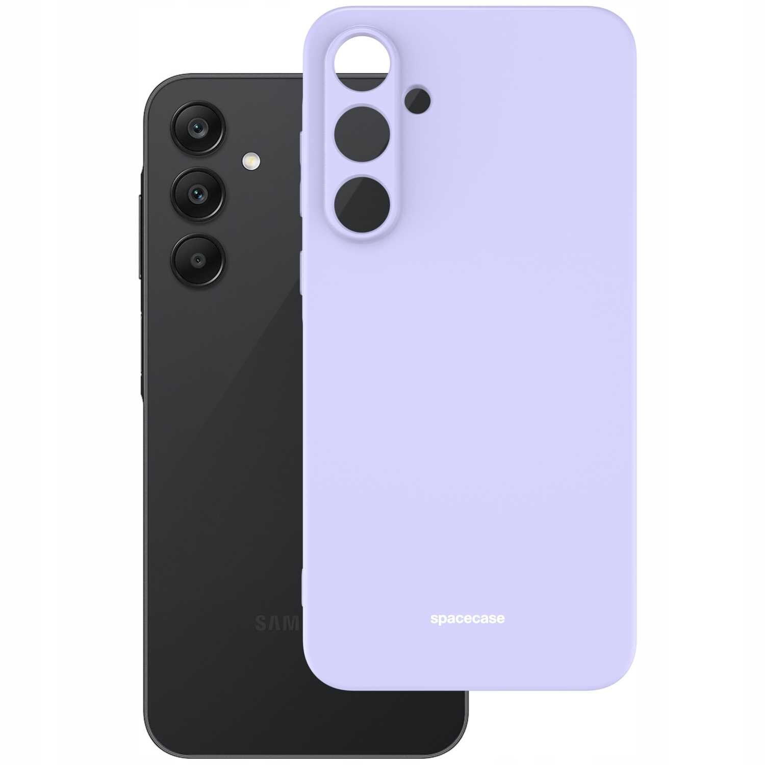 Na obrazie widoczne jest fioletowe silikonowe etui z trzema otworami na aparaty oraz napisem \'spacecase\'. Obok znajduje się czarny telefon z trzema obiektywami aparatu i lampą błyskową.
