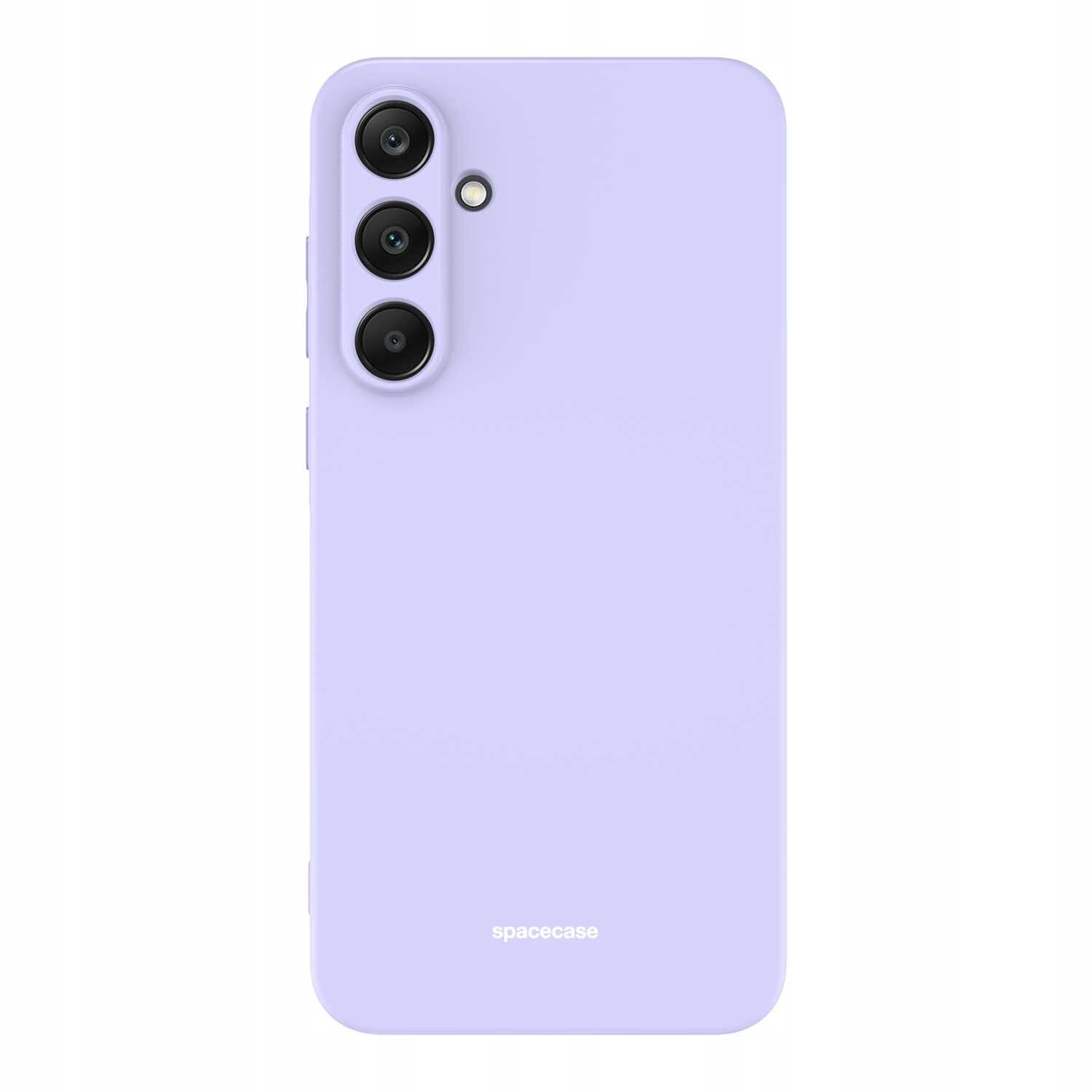 Fioletowe silikonowe etui na telefon z trzema otworami na aparaty i napisem \'spacecase\' na dole.