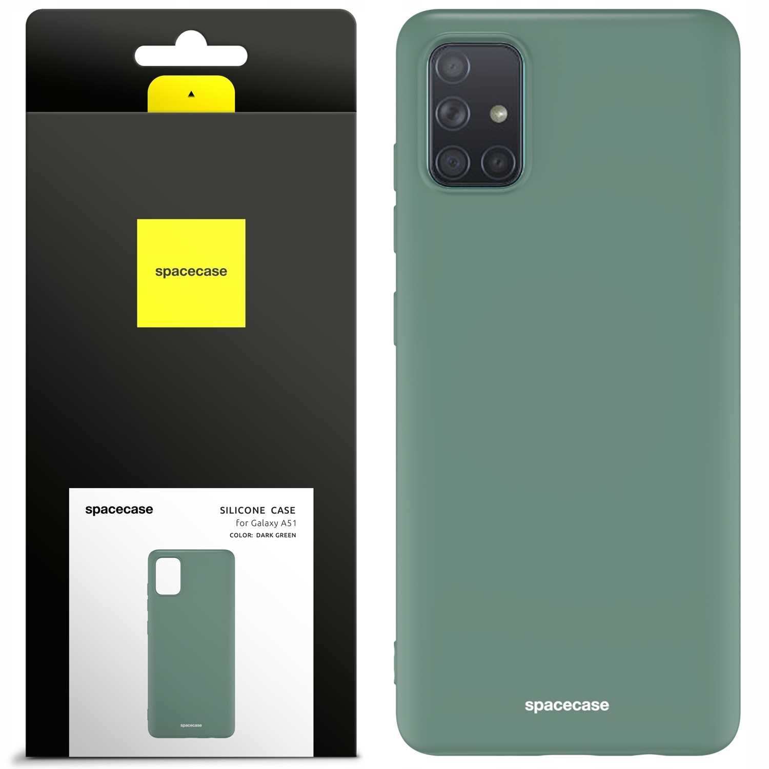 Obraz przedstawia zielone silikonowe etui na telefon z wycięciem na aparat. Obok znajduje się opakowanie z logo \'spacecase\' i napisem \'SILICONE CASE for Galaxy A51 COLOR: DARK GREEN\'.