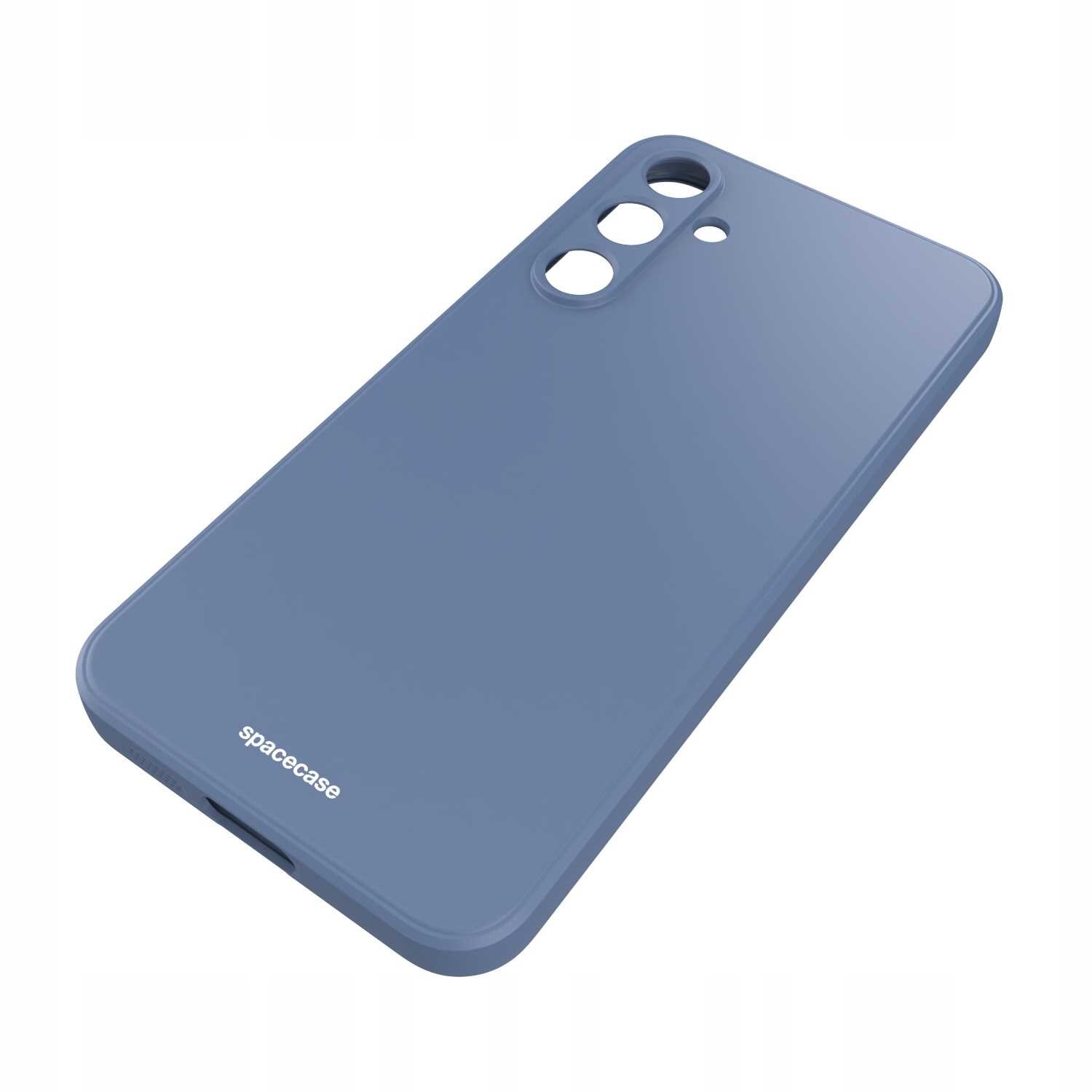 Niebieskie silikonowe etui z trzema otworami na aparat i logo \'spacecase\' na dole.