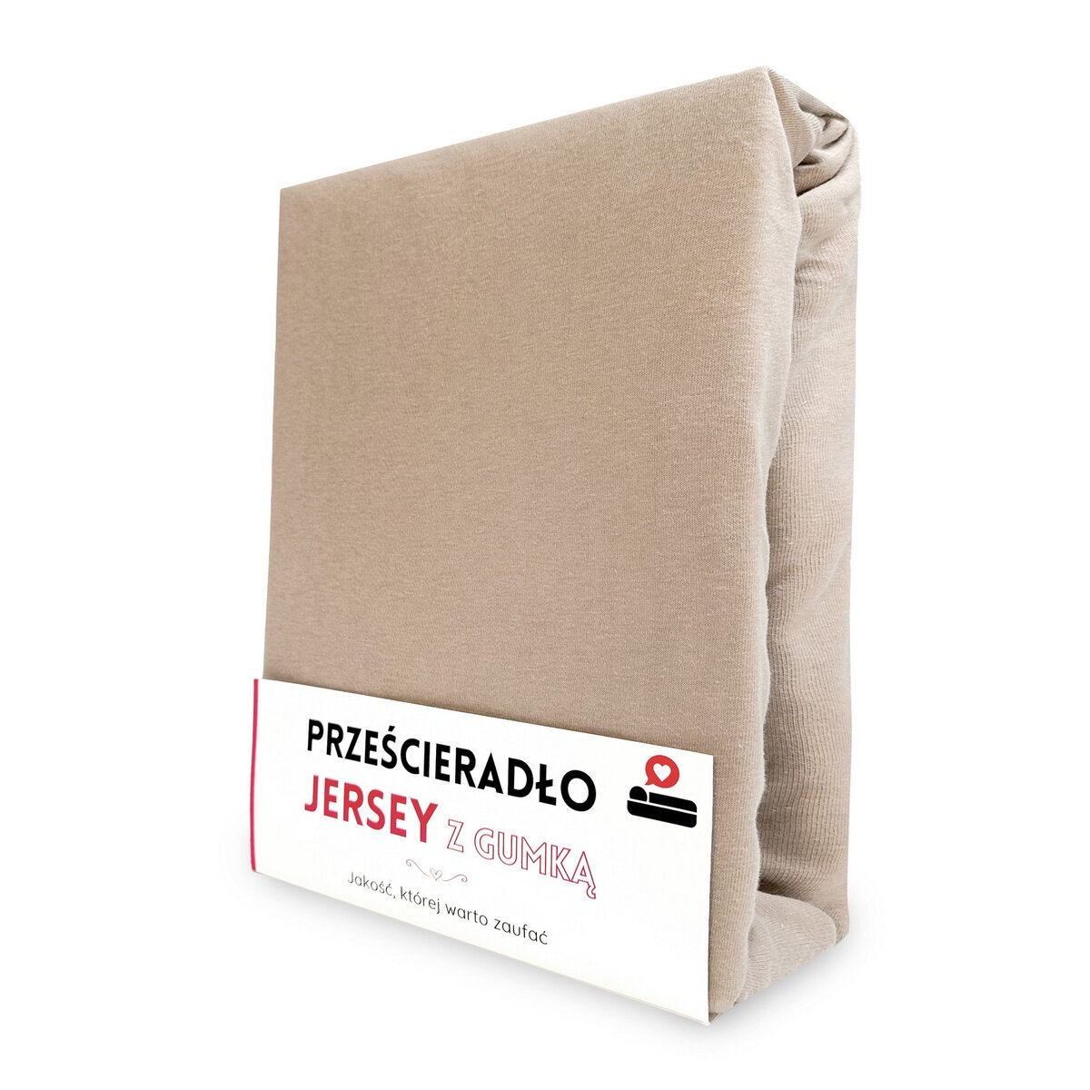 Na obrazie widoczne jest złożone prześcieradło w kolorze beżowym z etykietą. Etykieta zawiera tekst: \'PRZEŚCIERADŁO JERSEY Z GUMKĄ Jakość, której warto zaufać\'.