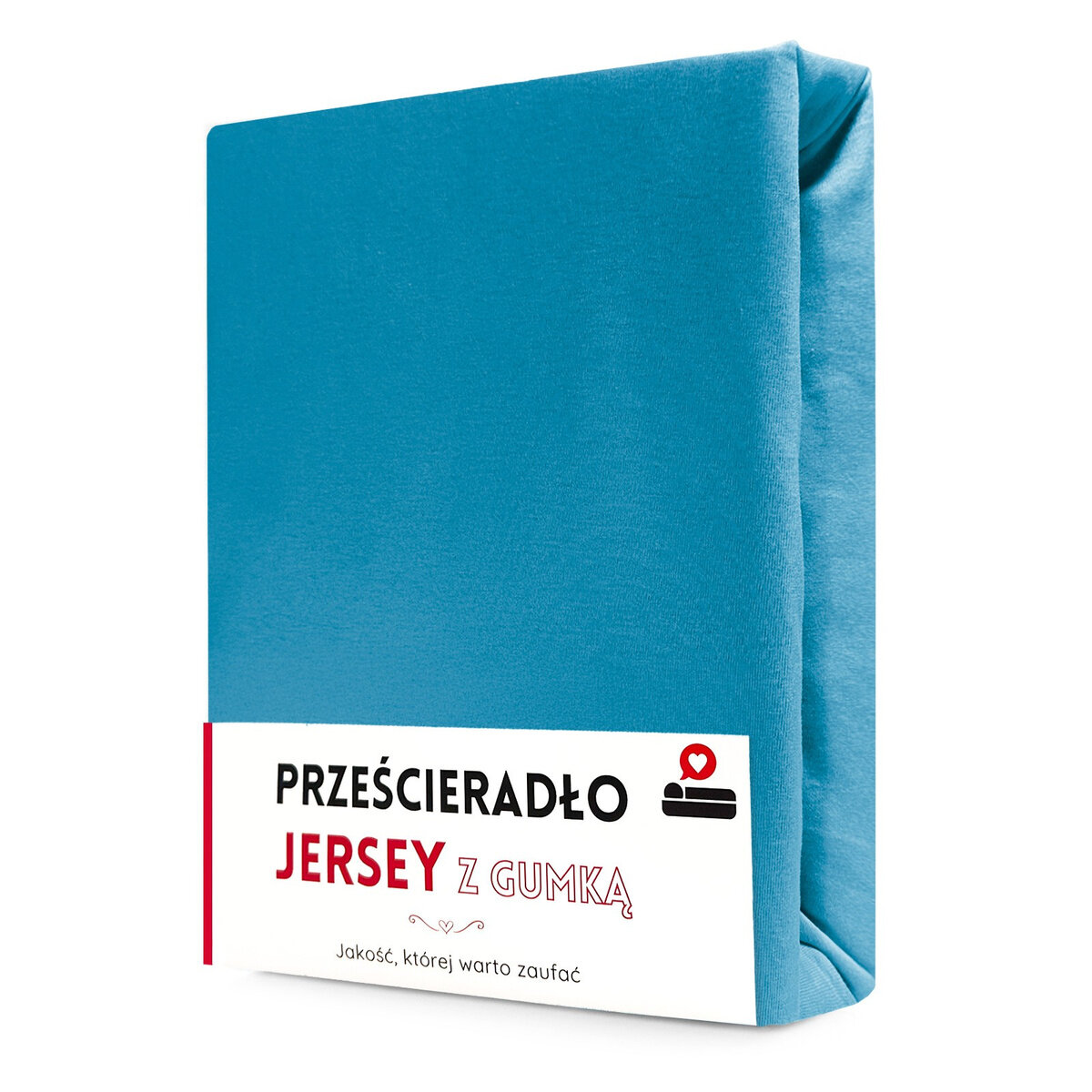 Na obrazie widoczne jest niebieskie prześcieradło zapakowane w opakowanie z napisem \'PRZEŚCIERADŁO JERSEY Z GUMKĄ\'. Na opakowaniu znajduje się również tekst \'Jakość, której warto zaufać\'.