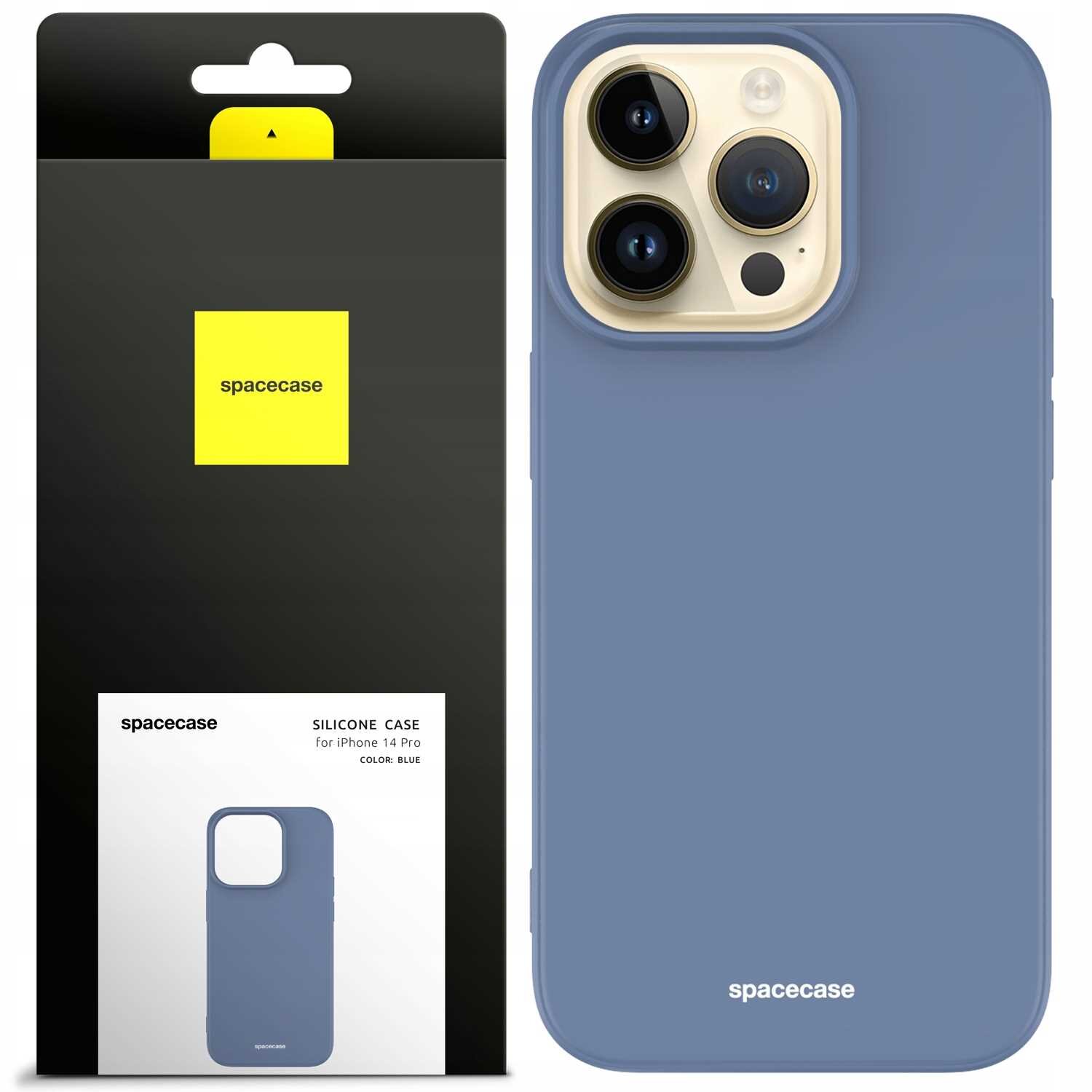 Na obrazie widoczne jest silikonowe etui w kolorze niebieskim, przeznaczone do iPhone 14 Pro. Opakowanie produktu zawiera logo \'spacecase\' oraz napis \'SILICONE CASE for iPhone 14 Pro COLOR: BLUE\'.