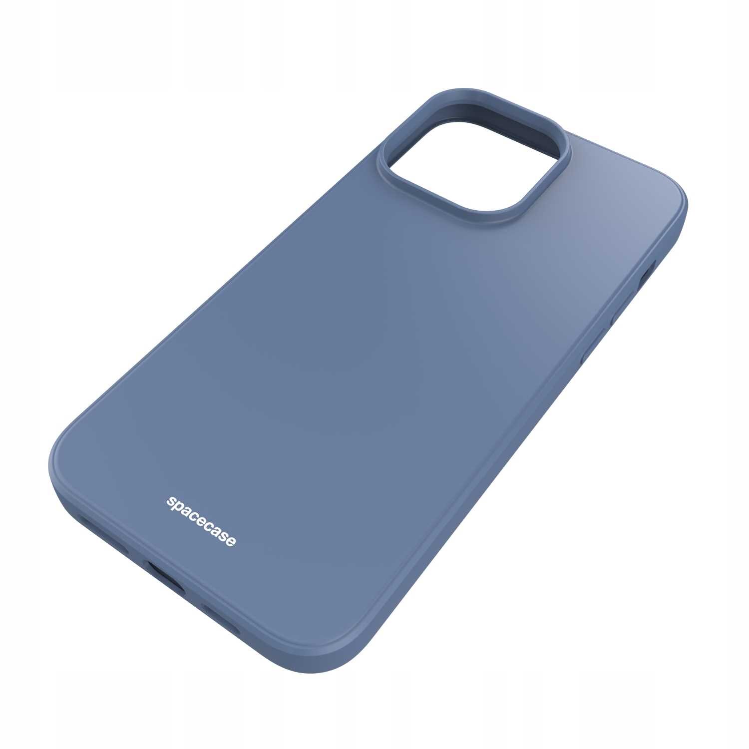 Niebieskie silikonowe etui z wycięciem na aparat, z widocznym napisem \'spacecase\' na dole.
