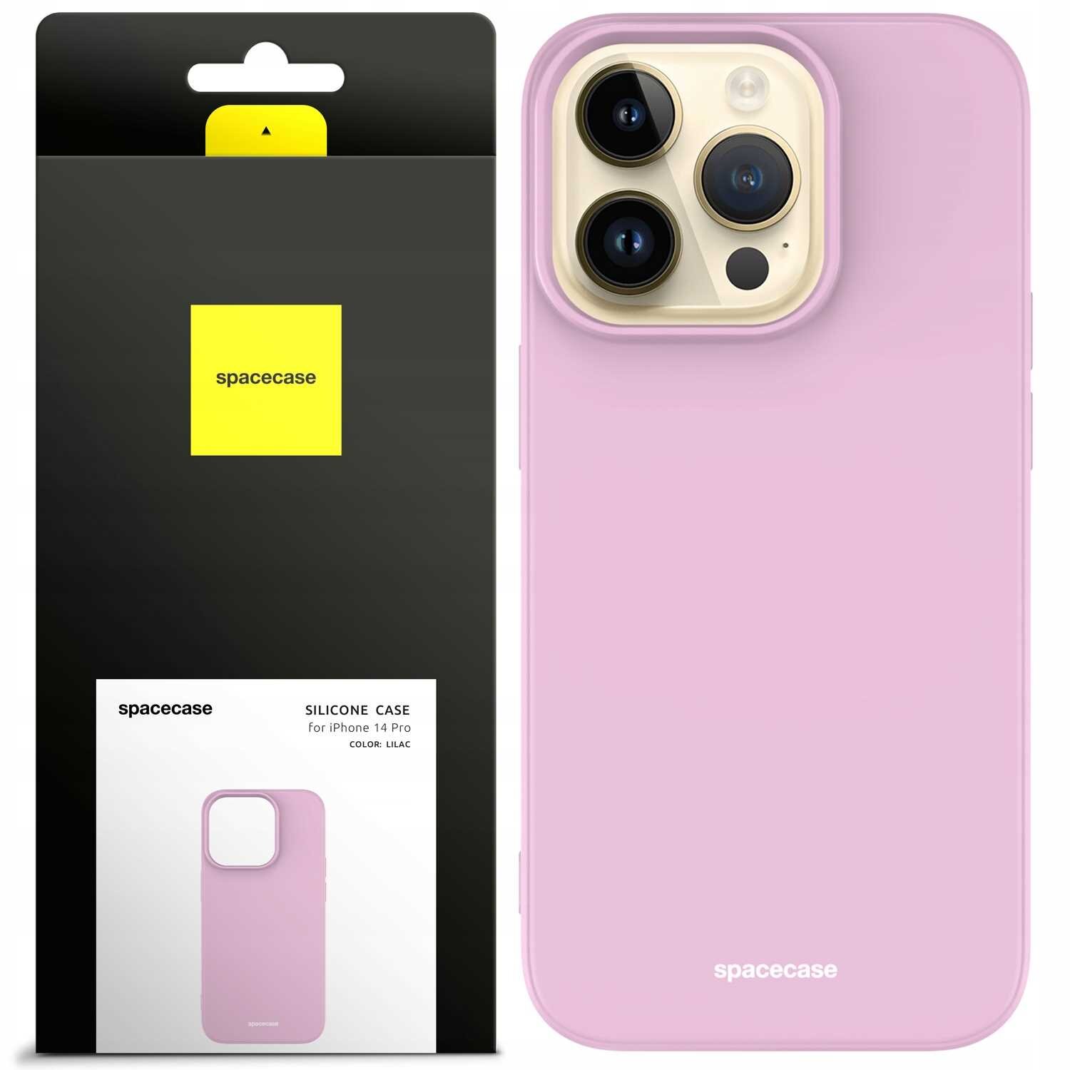 Różowe silikonowe etui na iPhone 14 Pro z trzema wycięciami na aparaty. Opakowanie z logo \'spacecase\' i napisem \'SILICONE CASE for iPhone 14 Pro COLOR: LILAC\'.
