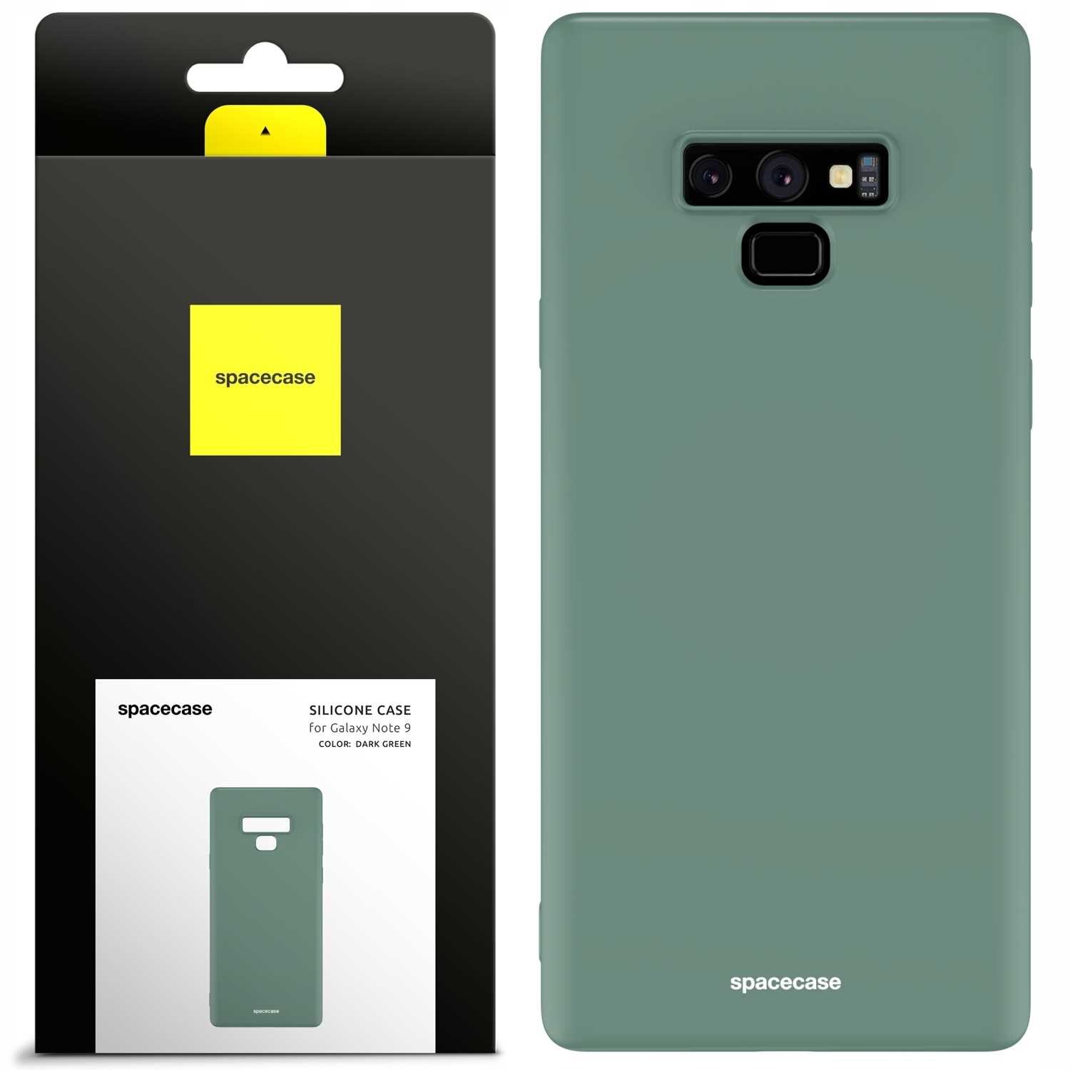 Zielone silikonowe etui do Galaxy Note 9 z logo \'spacecase\'. Opakowanie jest czarne z żółtym prostokątem i napisem \'spacecase\'.