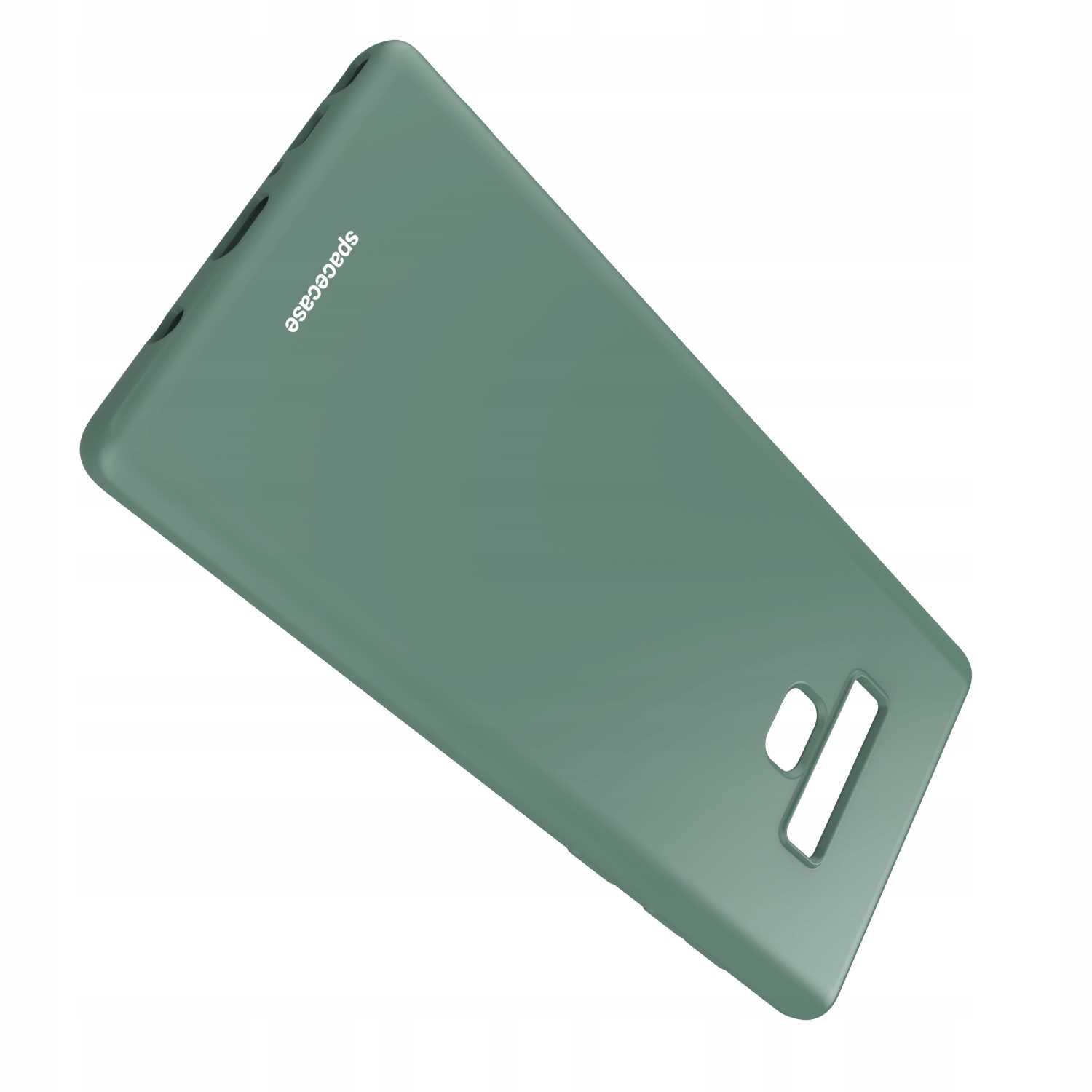 Zielone silikonowe etui z wycięciami na aparat i przyciski, z widocznym napisem \'SPACECASE\'.