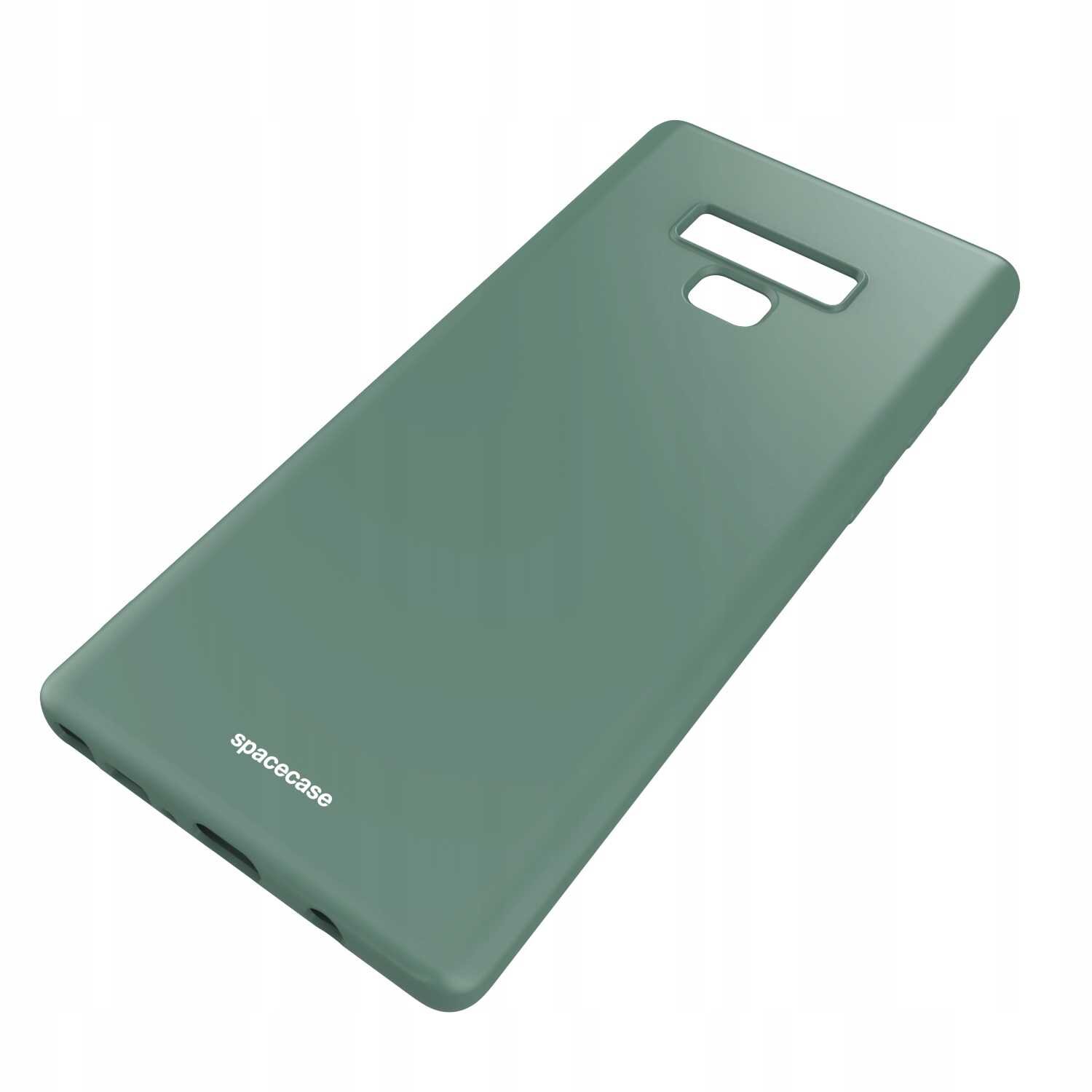 Zielone silikonowe etui z wycięciami na aparat i przyciski, z widocznym napisem \'spacecase\'.