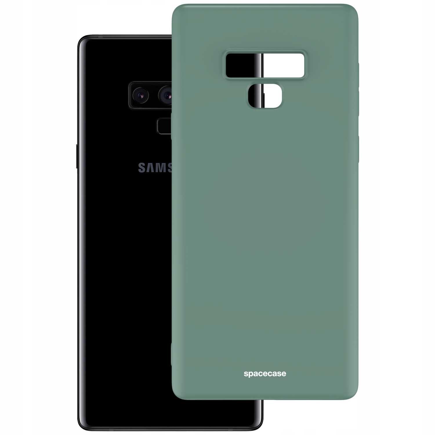 Obraz przedstawia zielone silikonowe etui z napisem \'spacecase\', przeznaczone do telefonu z widocznym logo \'SAMSUNG\'.