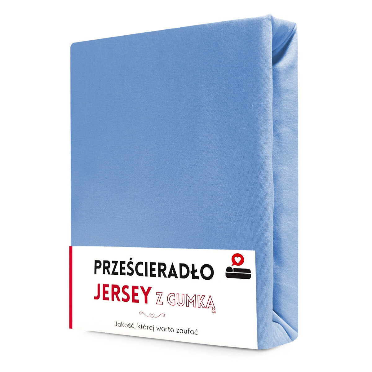 Na obrazie widoczne jest niebieskie prześcieradło z gumką, zapakowane w prostokątne opakowanie. Na opakowaniu znajduje się tekst: \'PRZEŚCIERADŁO JERSEY Z GUMKĄ Jakość, której warto zaufać\'.