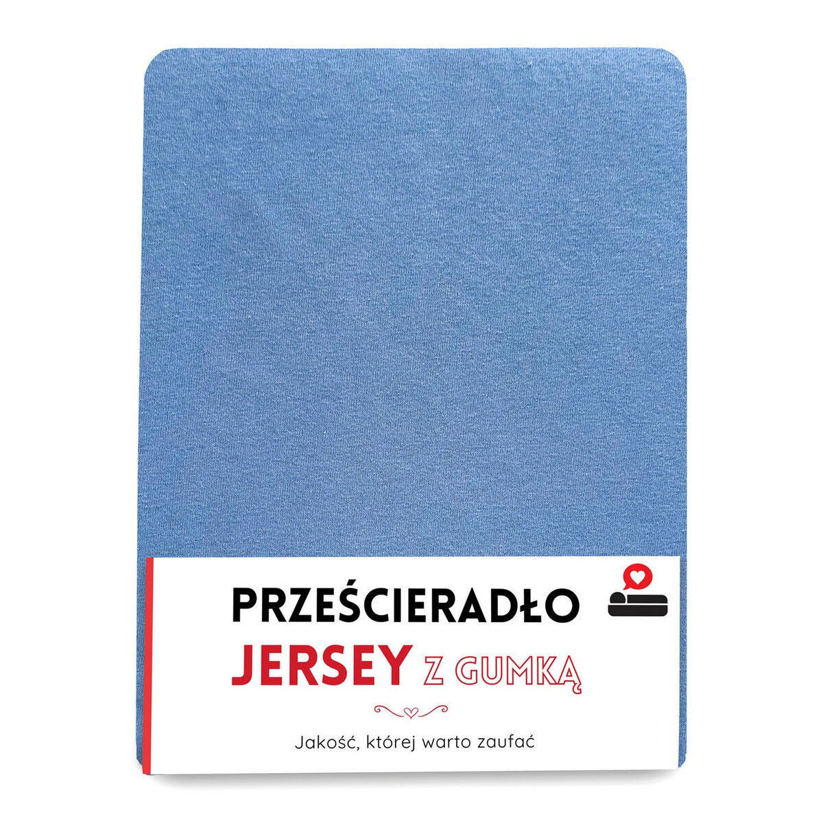Niebieskie prześcieradło z gumką, na dole widoczny jest napis: \'PRZEŚCIERADŁO JERSEY Z GUMKĄ Jakość, której warto zaufać\'.