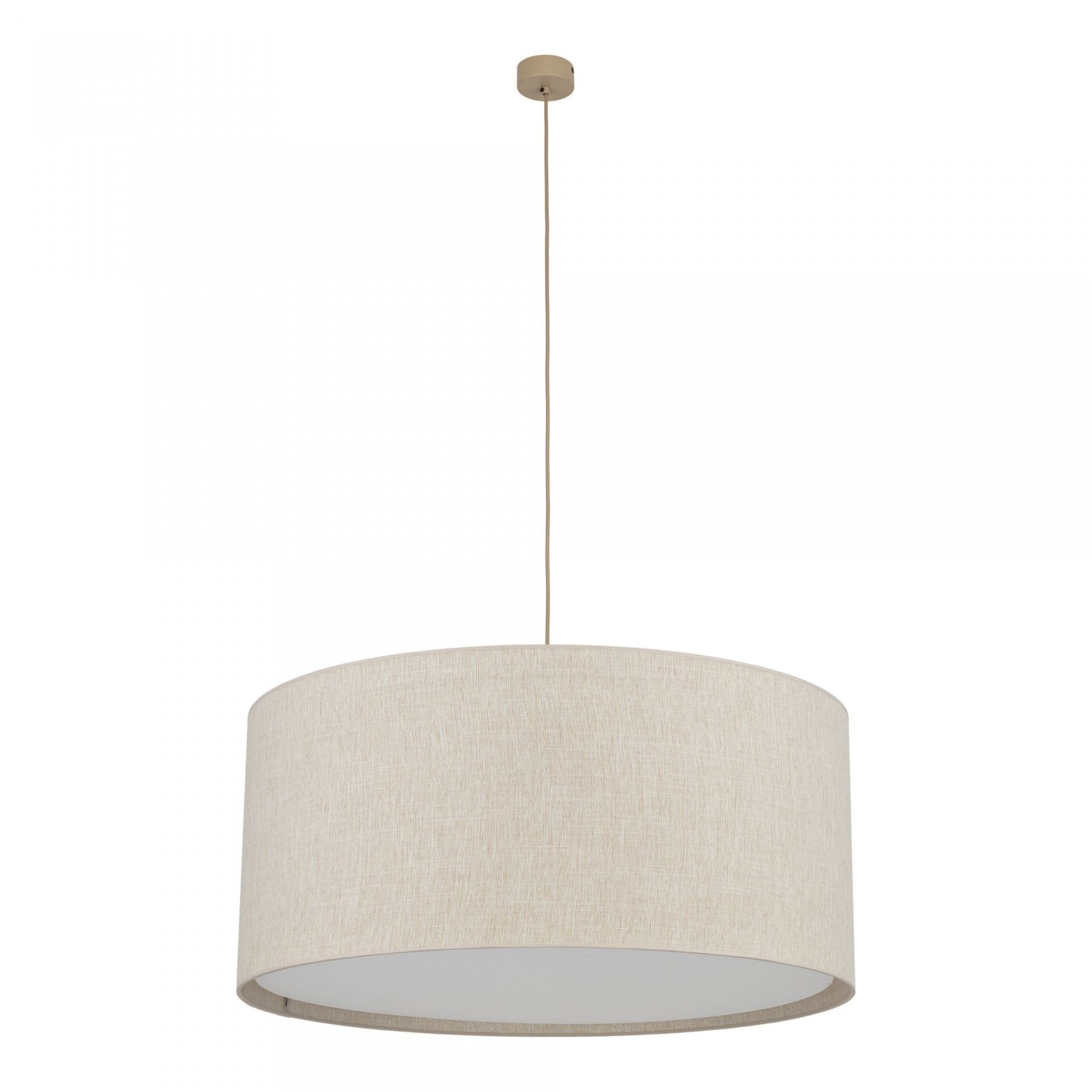 Na obrazie widoczna jest lampa wisząca z beżowym abażurem o cylindrycznym kształcie, zawieszona na cienkim przewodzie. Lampa ma prosty i elegancki design.