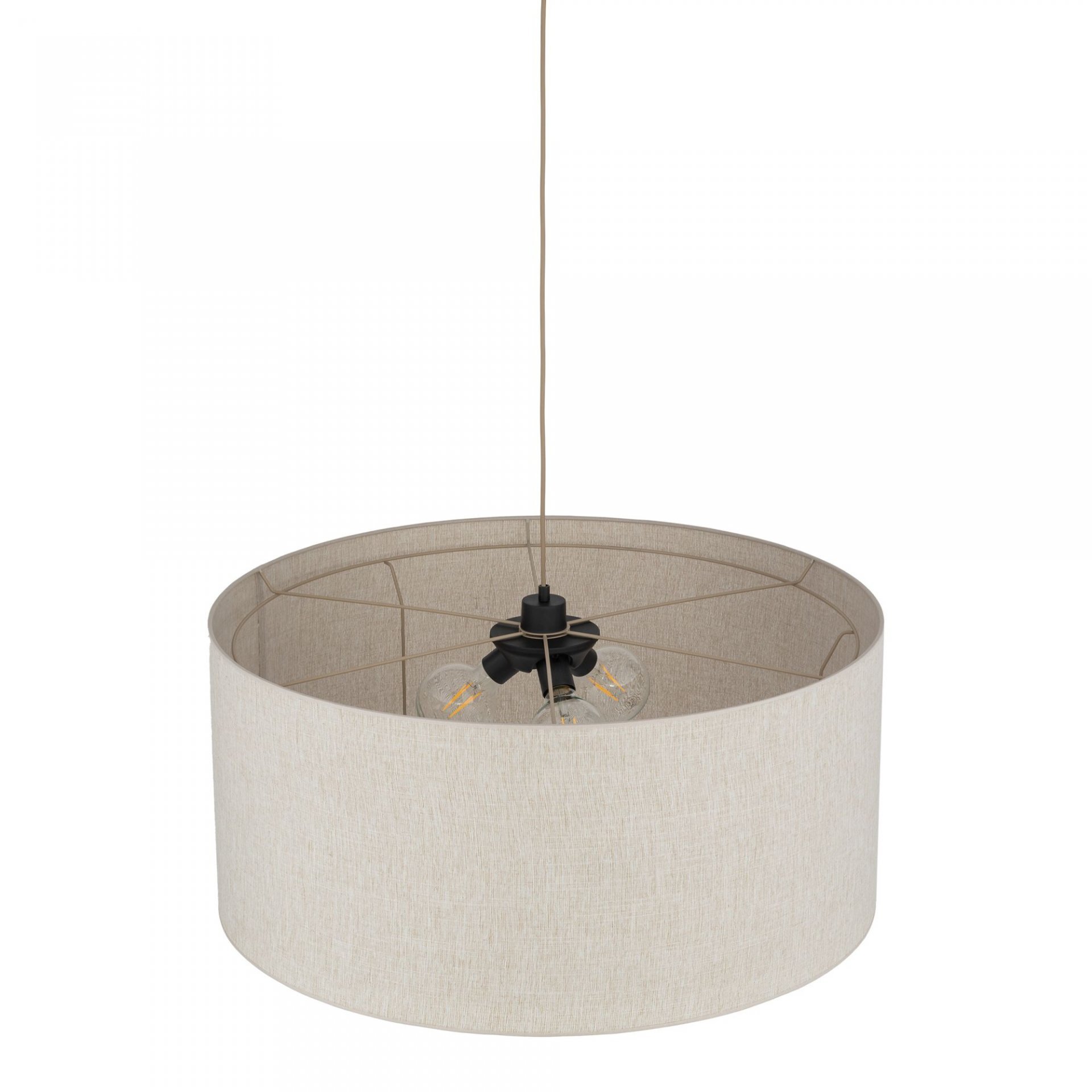Lampa wisząca z beżowym abażurem w kształcie walca, z widocznymi żarówkami wewnątrz. Lampa zawieszona jest na cienkim przewodzie.