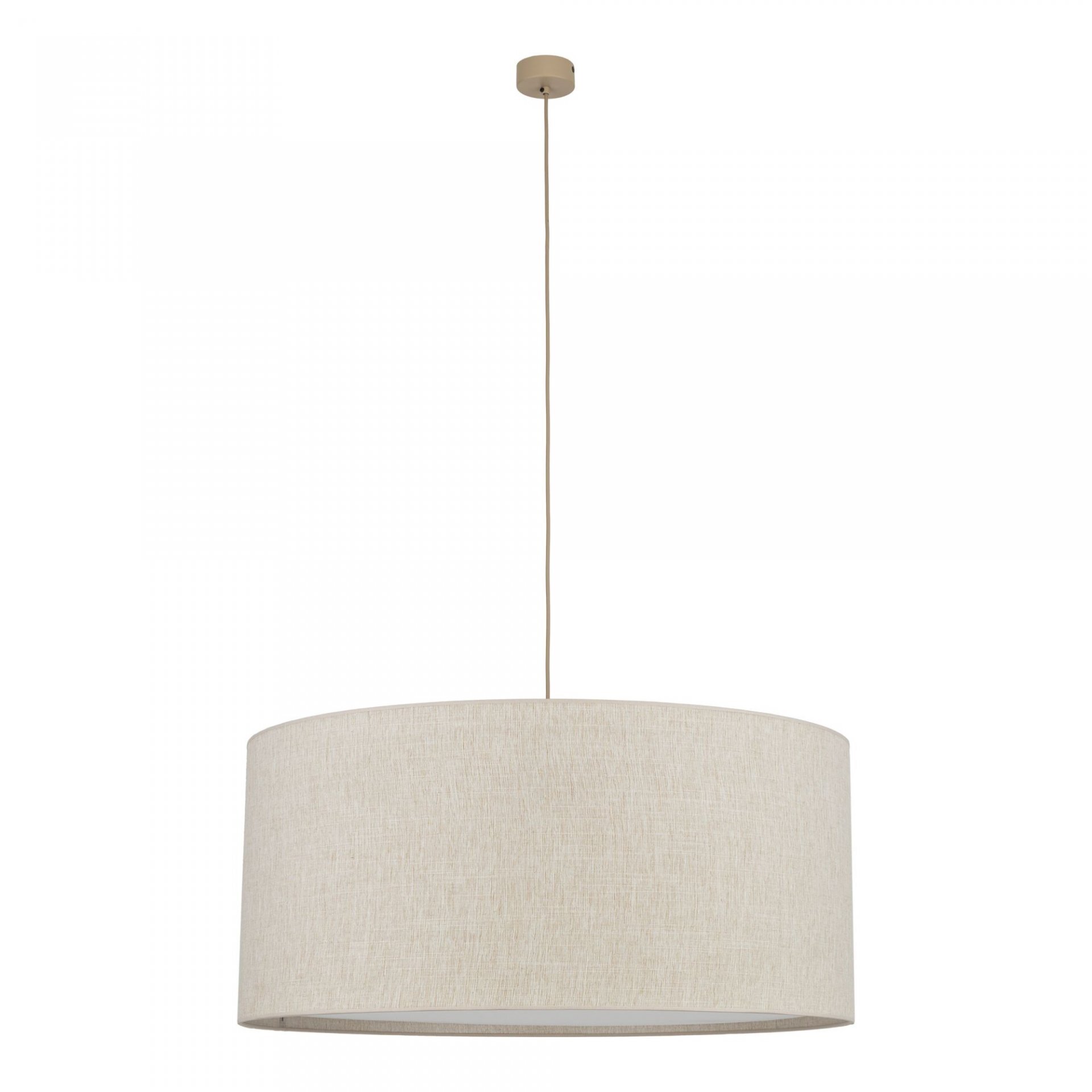 Na obrazie widoczna jest lampa wisząca z beżowym, cylindrycznym kloszem zawieszonym na cienkim przewodzie. Tło jest jednolite i jasne.