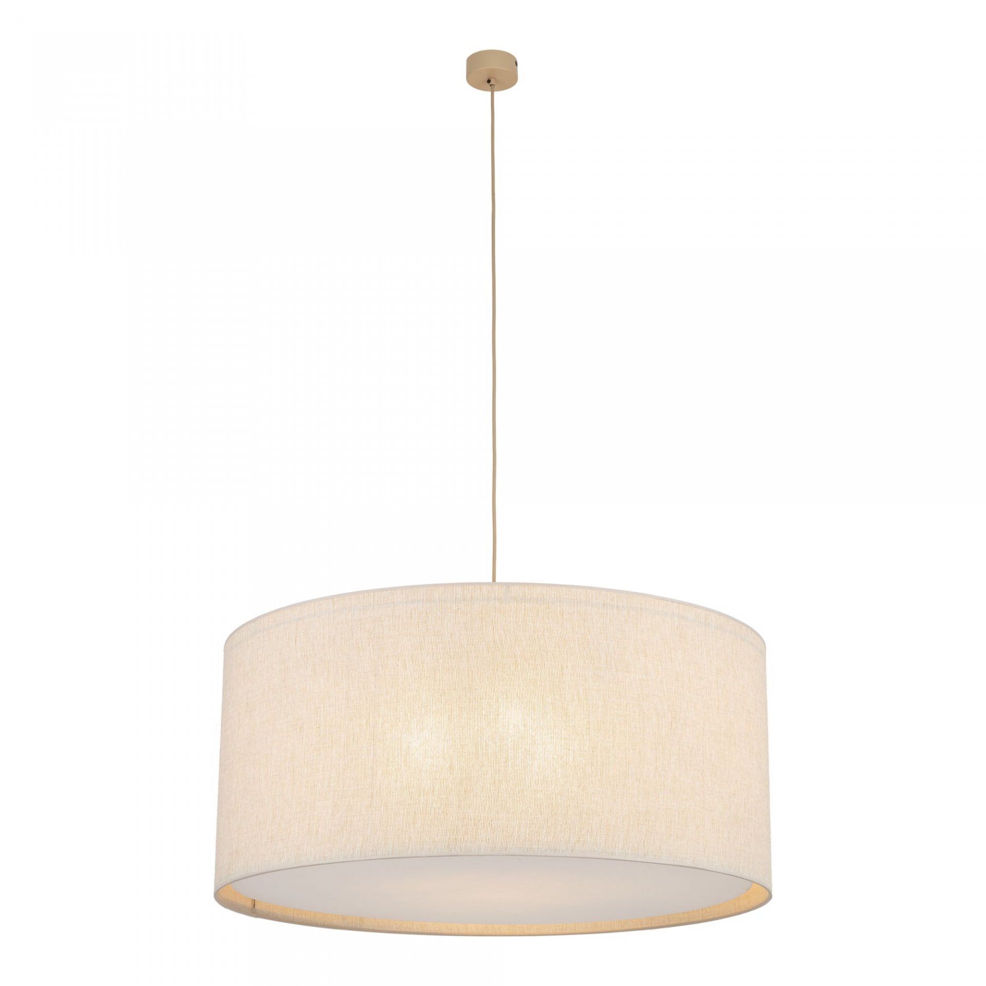 Na obrazie widoczna jest lampa wisząca z beżowym abażurem o cylindrycznym kształcie, zawieszona na cienkim przewodzie. Lampa ma prosty i elegancki design.