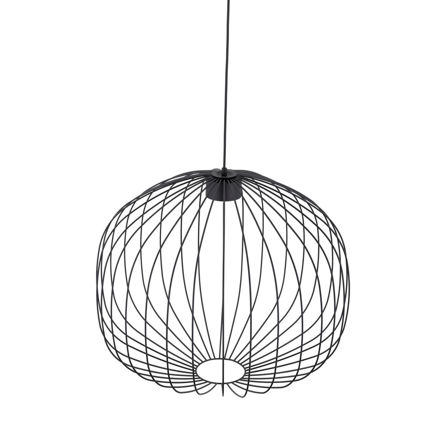 Czarna lampa wisząca o kulistym kształcie, wykonana z metalowych prętów tworzących ażurową konstrukcję.