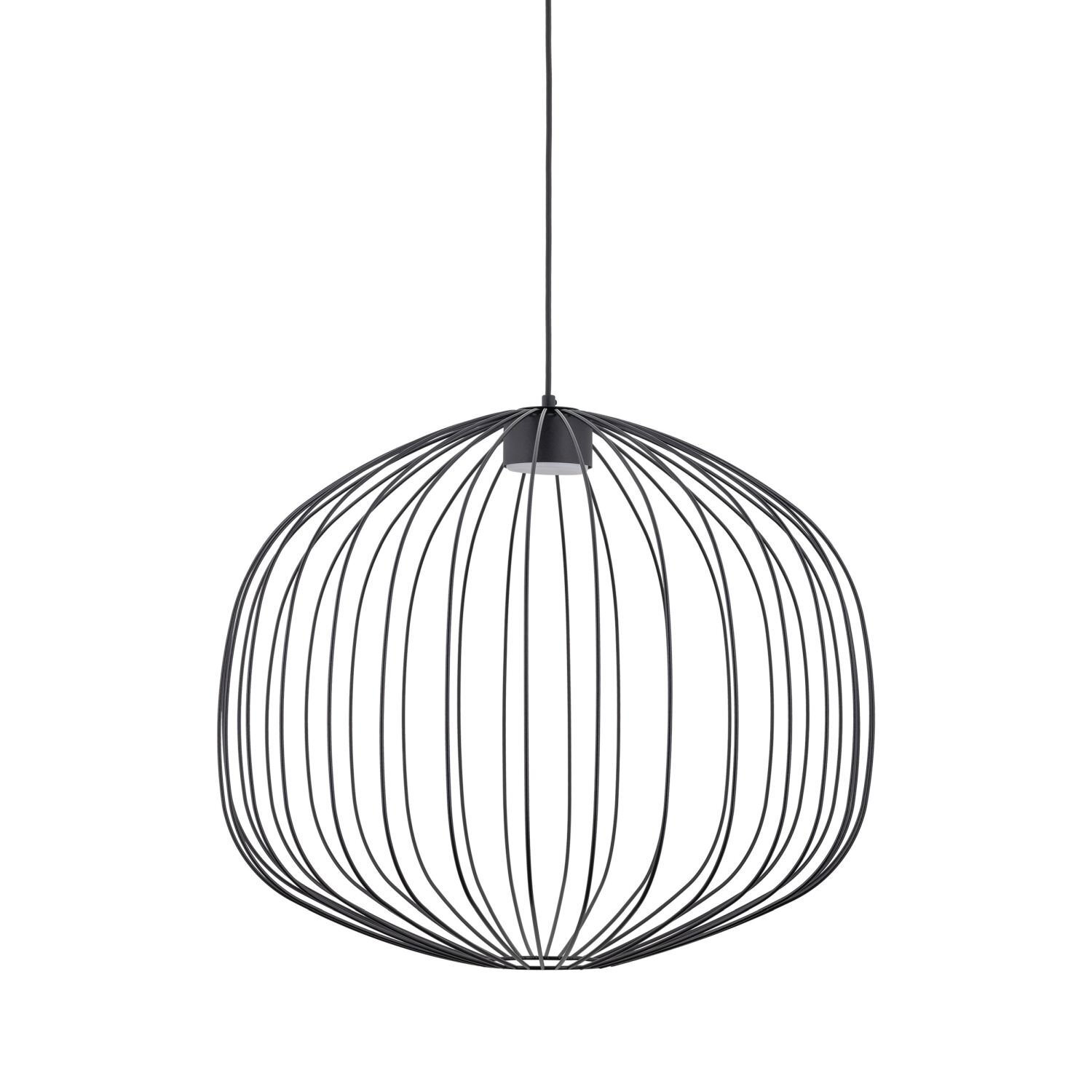 Czarna lampa wisząca o kulistym kształcie, wykonana z metalowych prętów tworzących ażurową konstrukcję.