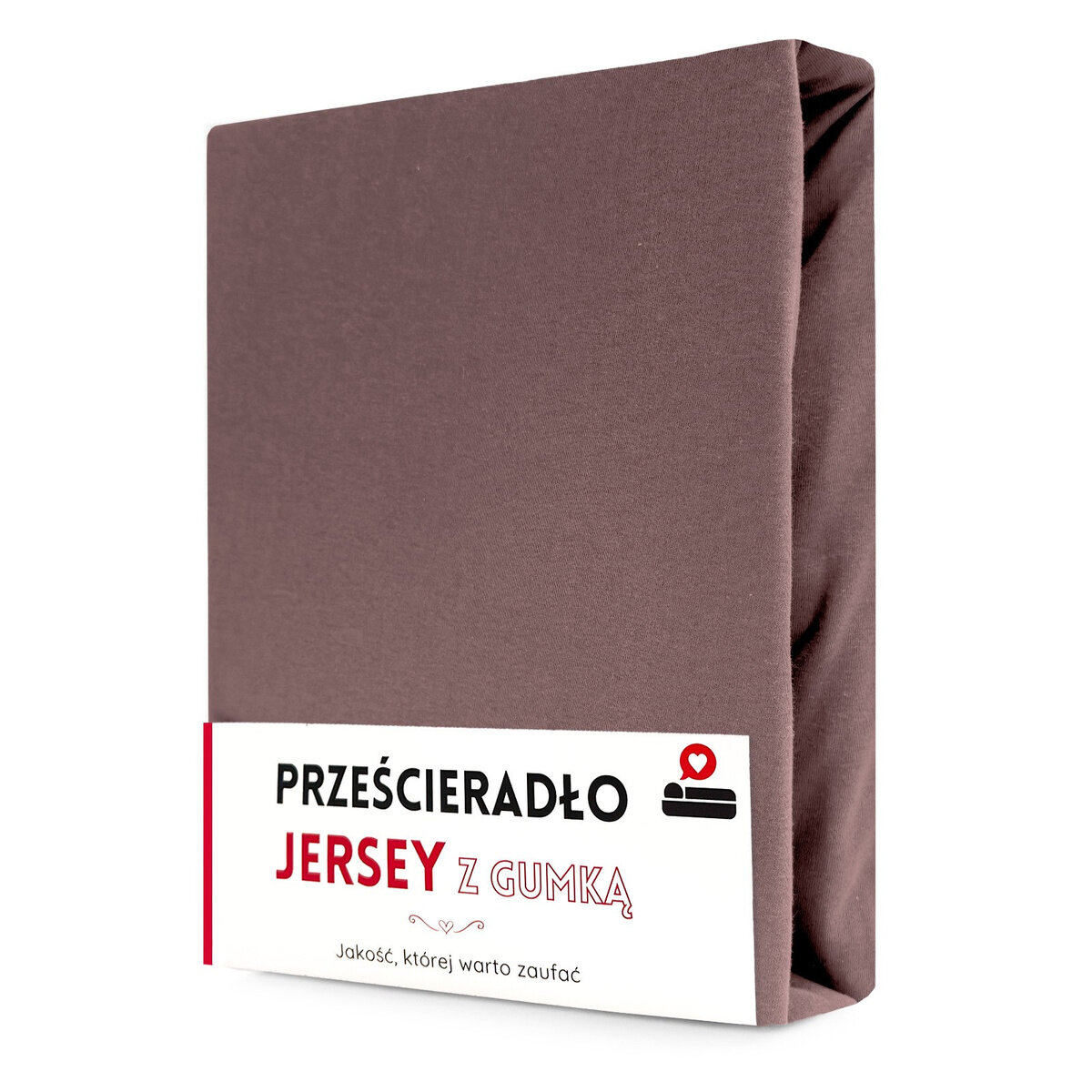 Brązowe prześcieradło z gumką zapakowane w prostokątne opakowanie. Na opakowaniu widnieje tekst: \'PRZEŚCIERADŁO JERSEY Z GUMKĄ Jakość, której warto zaufać\'.