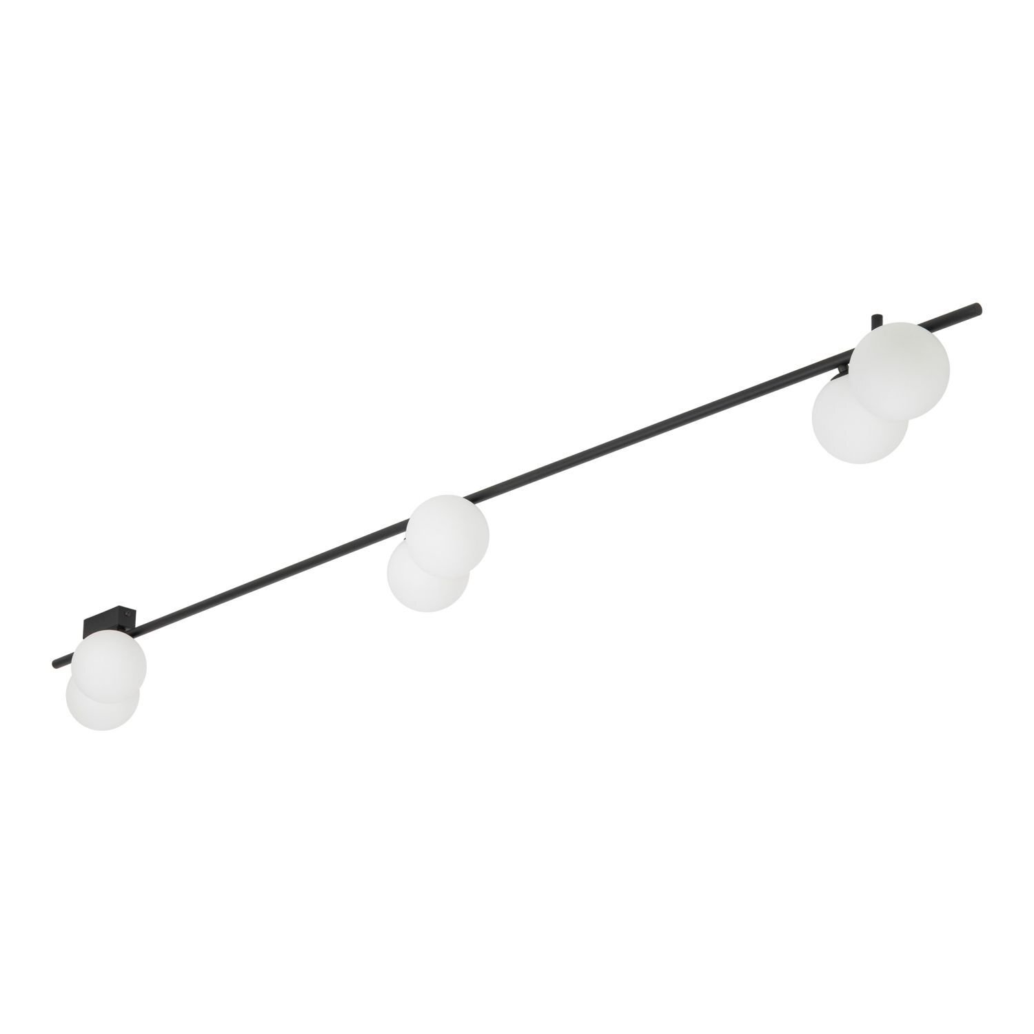 Lampa sufitowa z czterema białymi kulistymi kloszami umieszczonymi na czarnej listwie. Styl nowoczesny, odpowiednia do salonu i sypialni.